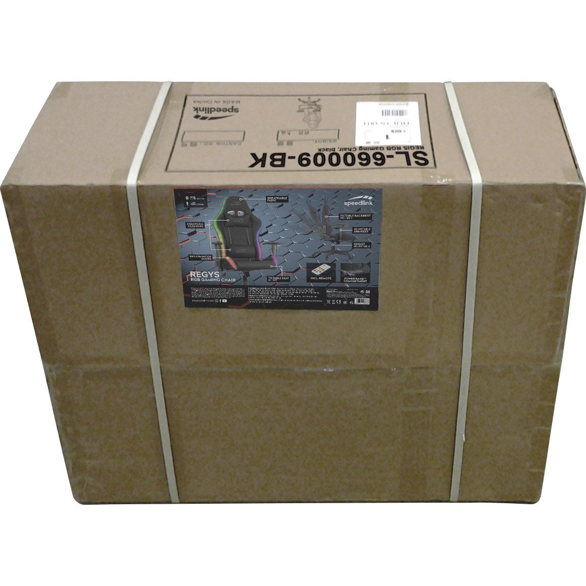 Una caja de cartón grande con una imagen y texto de silla gaming.