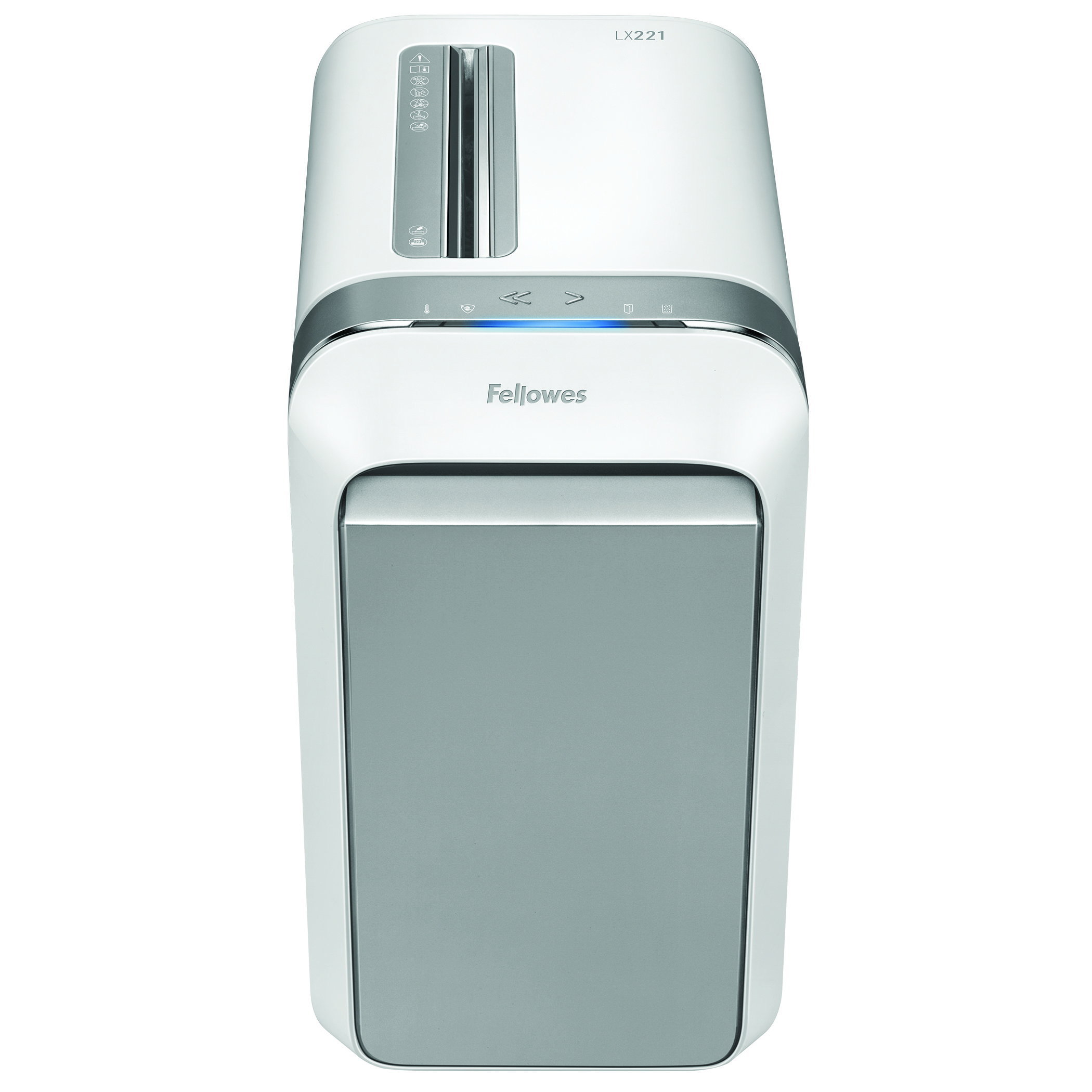 White and gray paper shredder, Fellowes brand, with a slot on top and a bin below.