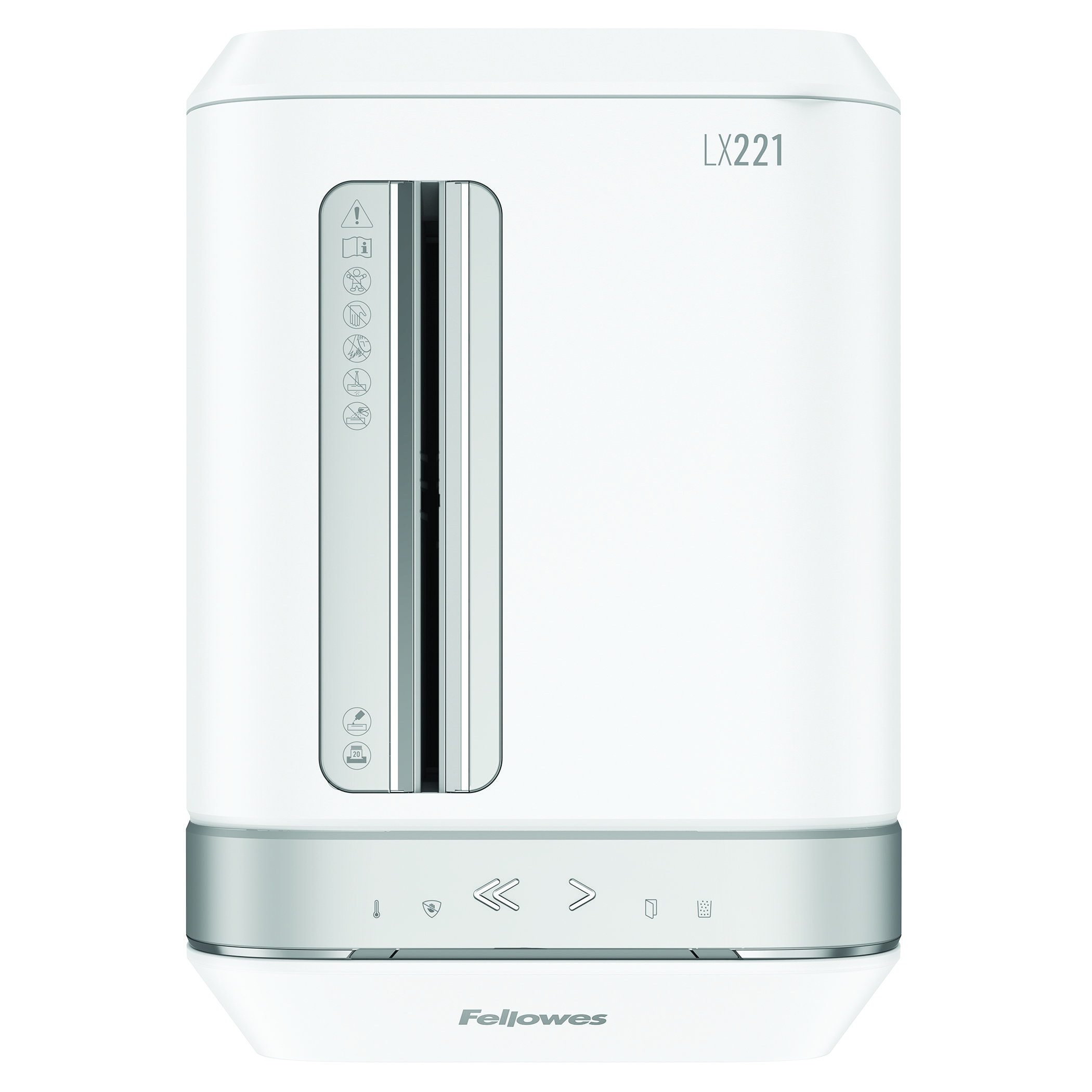 White paper shredder with silver accents, labels, and a Fellowes logo.