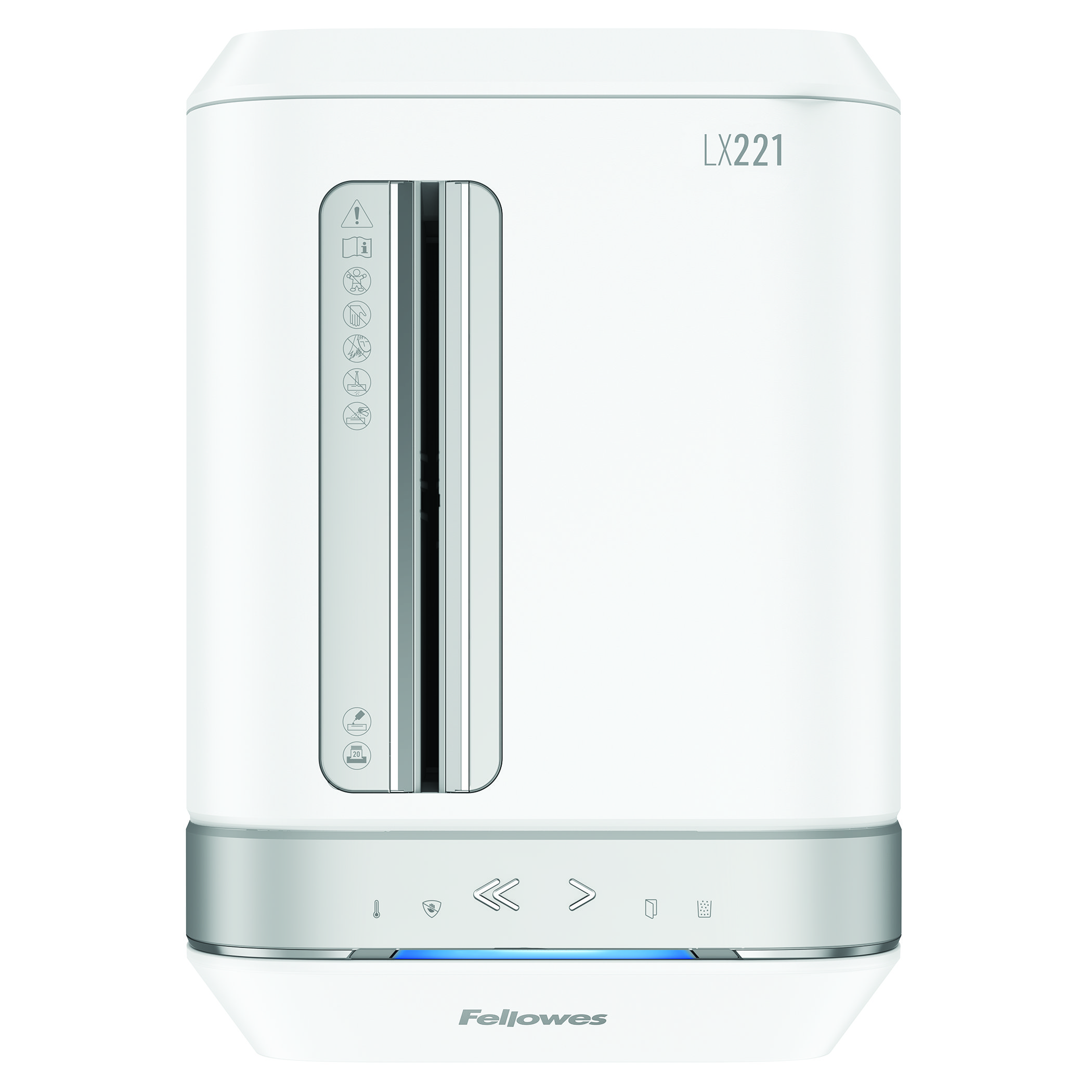 A white paper shredder with a control panel. It has the text 'LX221' on top and 'Fellowes' at the bottom.