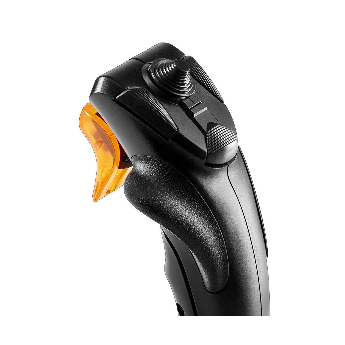 Czarny joystick ze spustem i pomarańczowym przyciskiem, na białym tle.