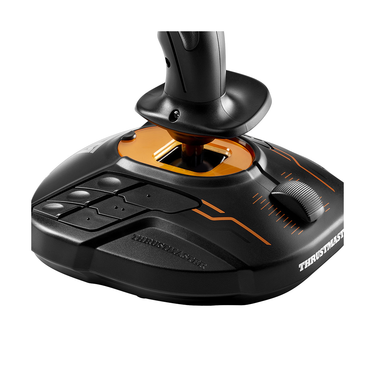 Zbliżenie czarno-pomarańczowej podstawy joysticka na białym tle.