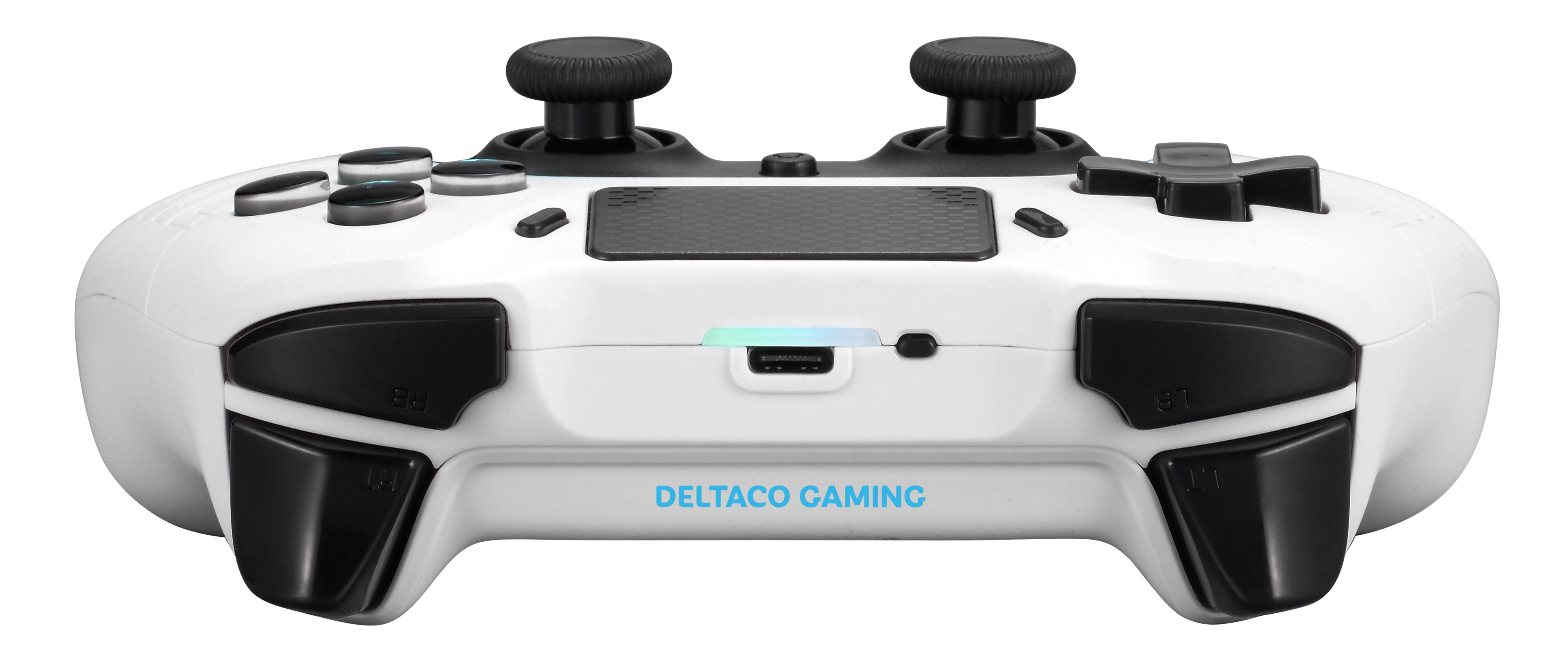 White gamepad with black buttons and joysticks.  'DELTACO GAMING' is printed on the bottom.