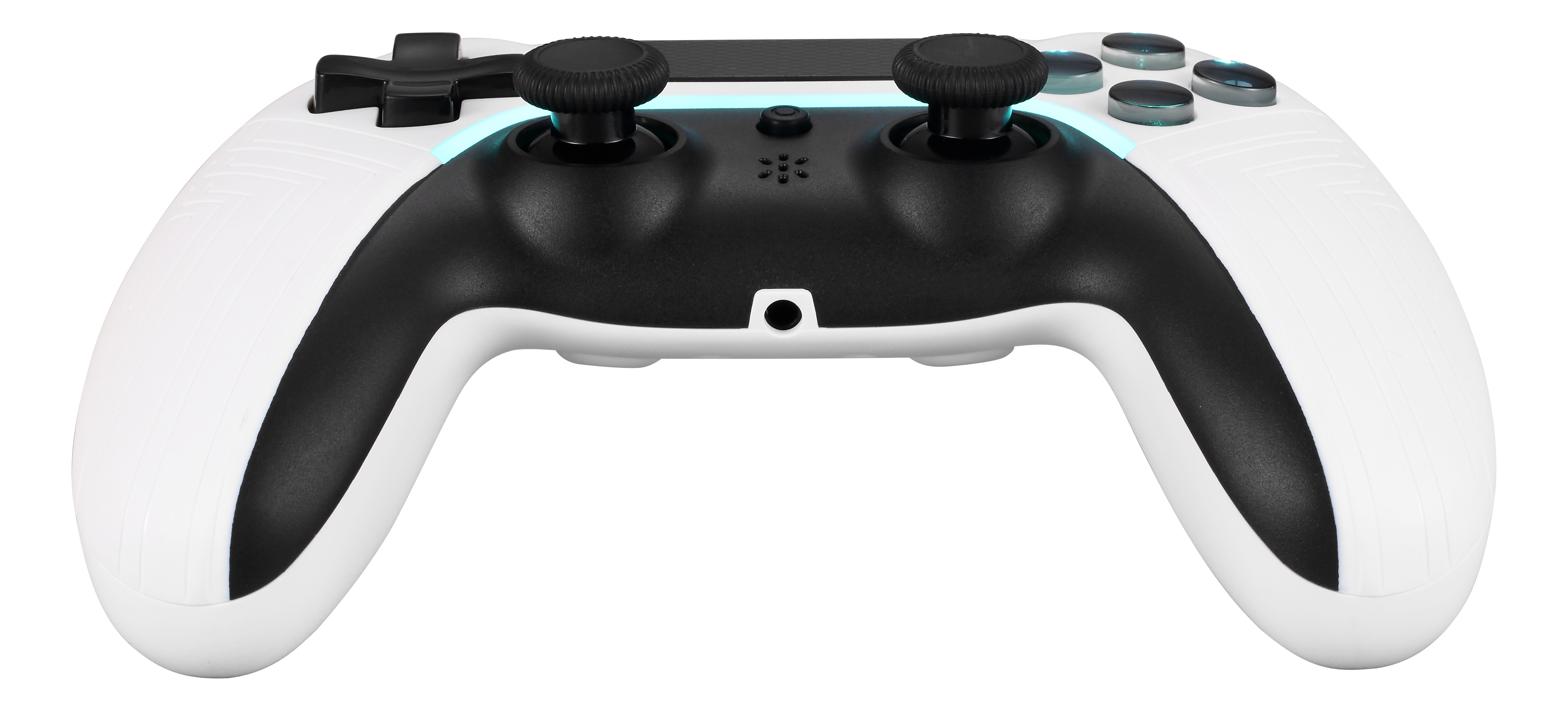 White and black controller with blue accents. It has two joysticks and buttons. White background.
