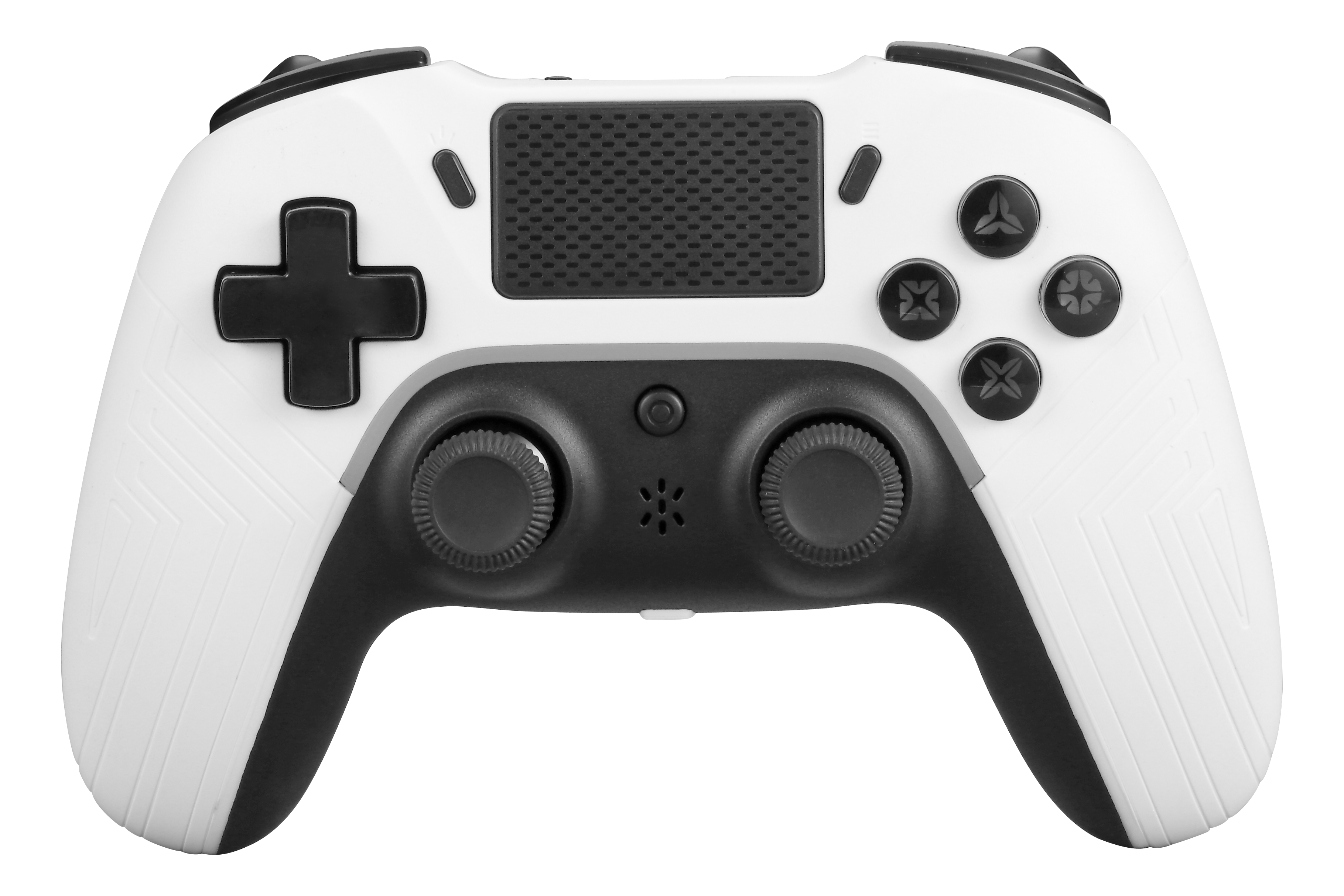 White and black game controller with multiple buttons. Isolated on white.