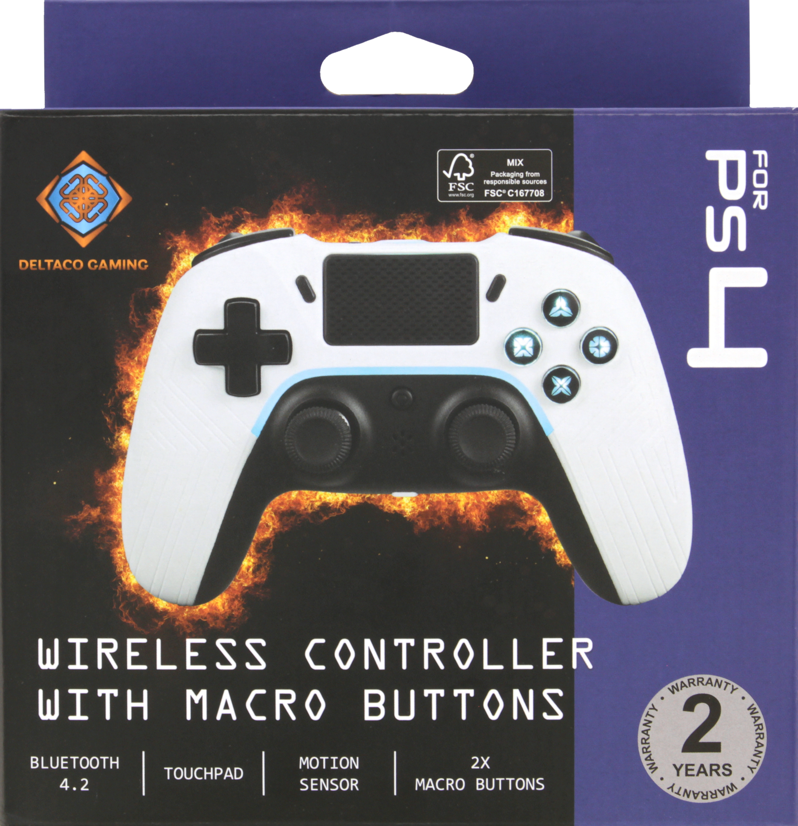 Game controller box for PS4. White controller with black and blue accents. Blue box.