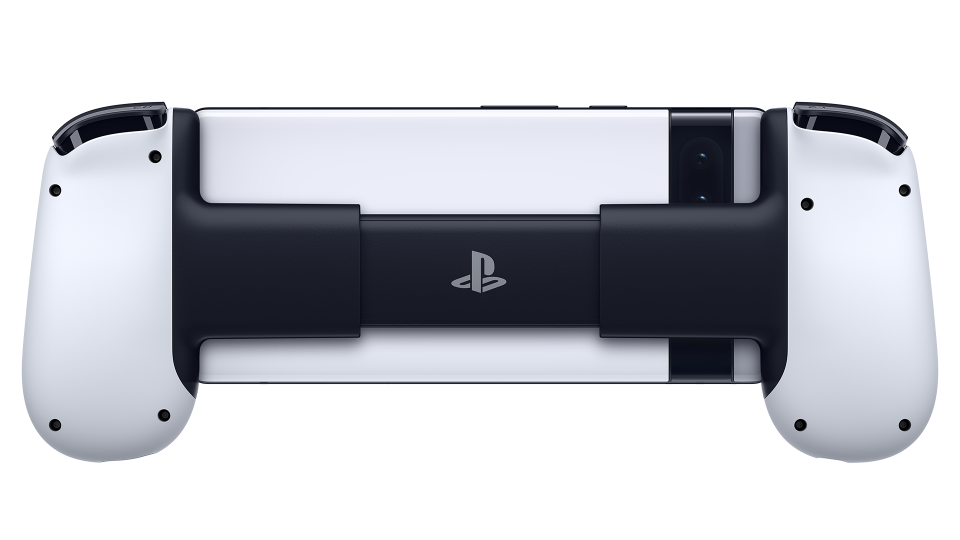 Adaptador de controlador PlayStation blanco y negro, con logotipo de PlayStation, sobre fondo negro.