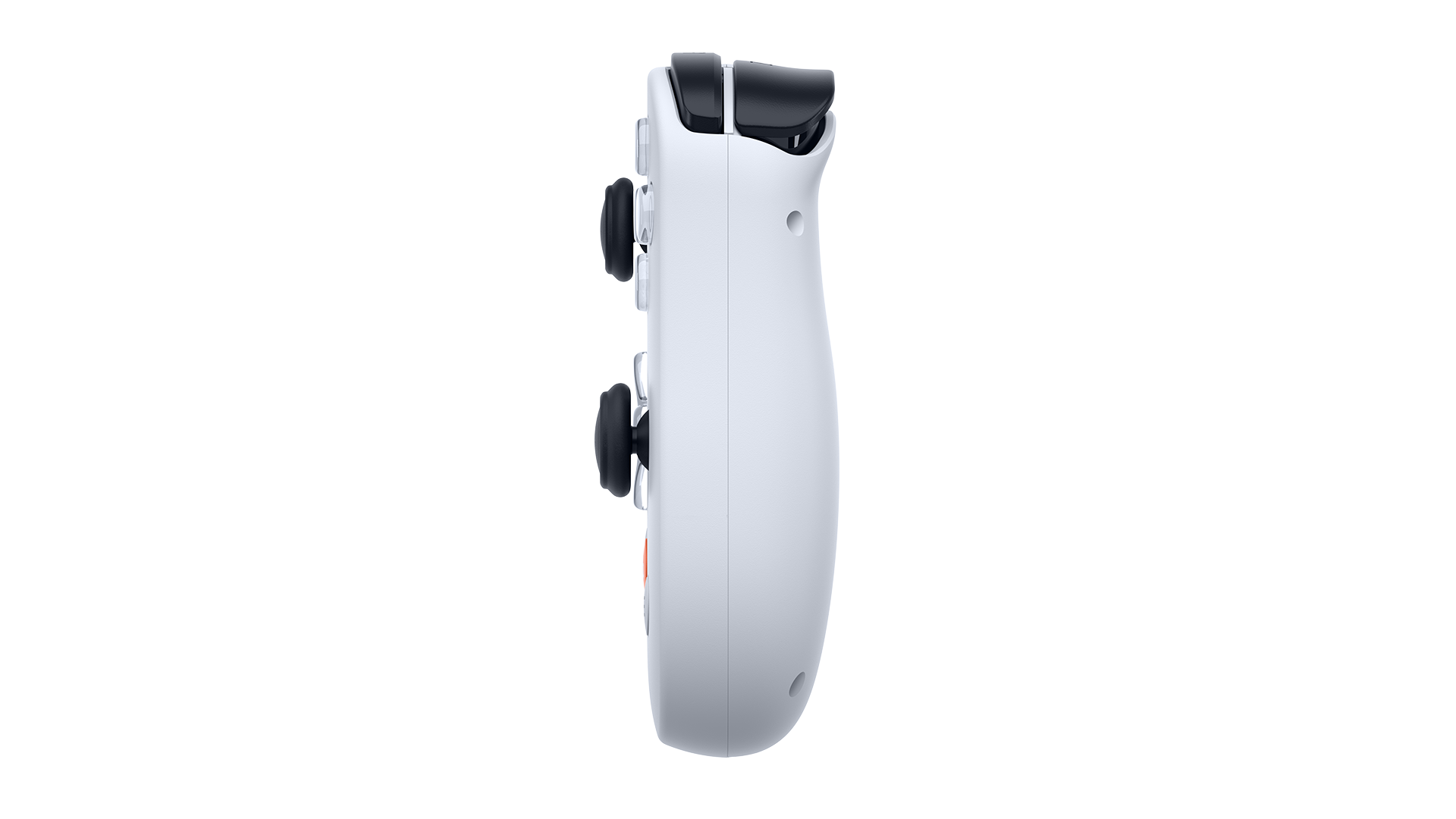 Biały kontroler do gier wideo na czarnym tle, widok z boku. Widoczne przyciski i joysticki.