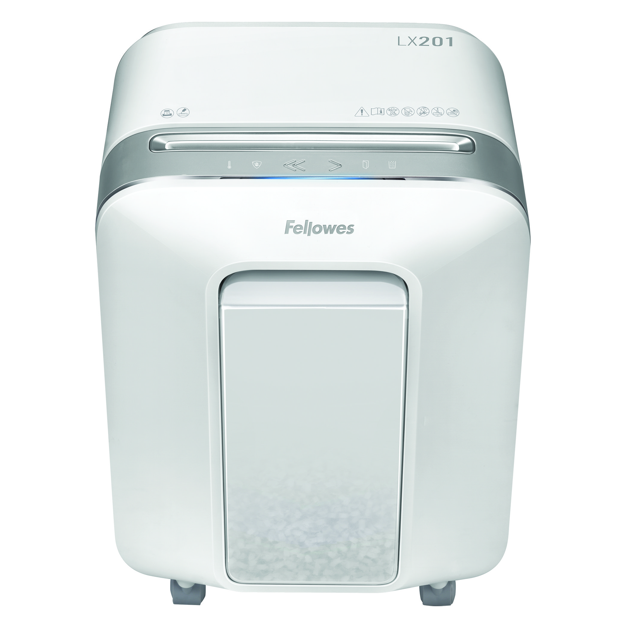 Biała niszczarka papieru ze srebrnym akcentem, szczeliną na papier i pojemnikiem do przechowywania poniżej.