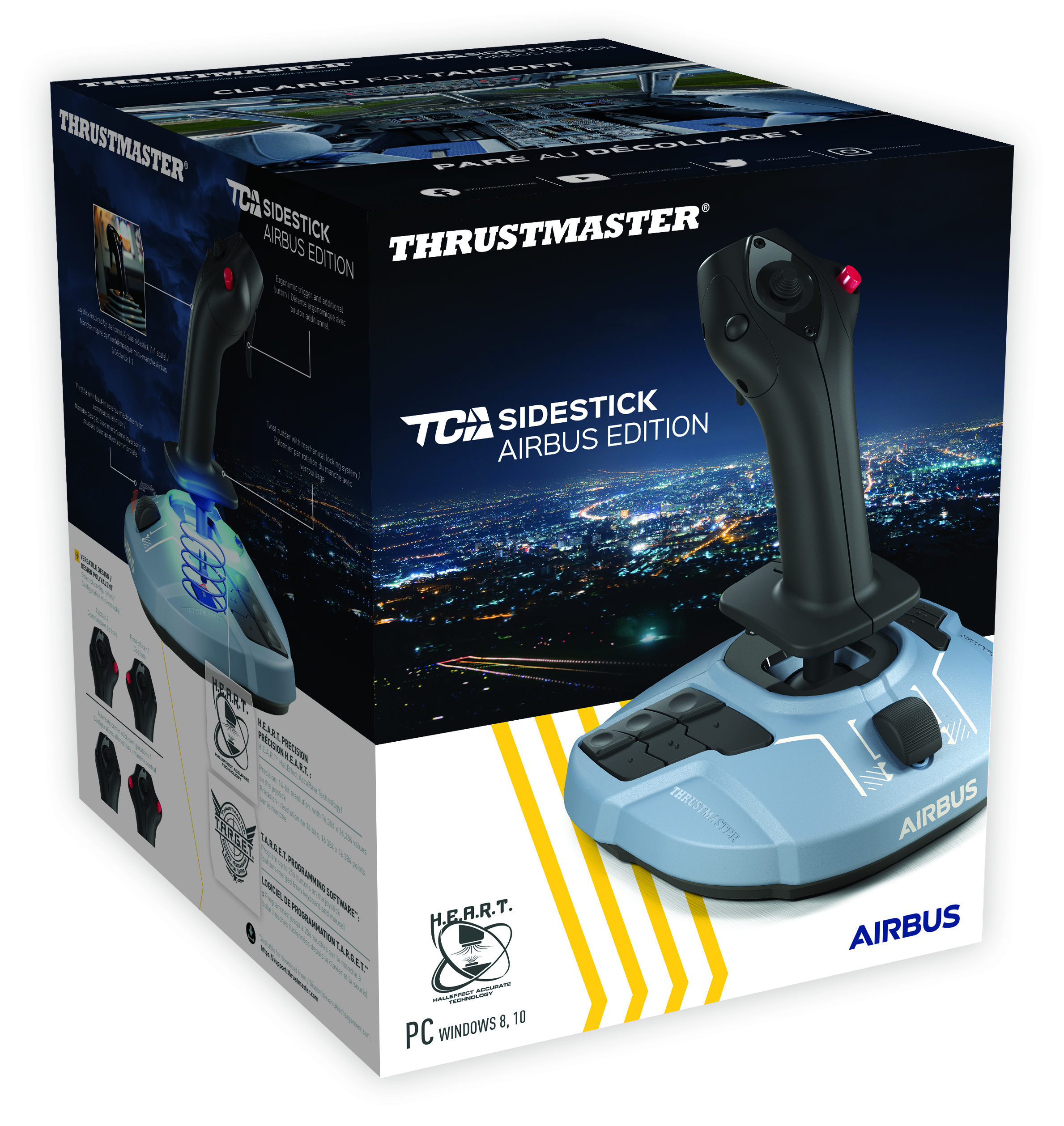 Pudełko joysticka Thrustmaster Airbus, z urządzeniem i jego funkcjami.