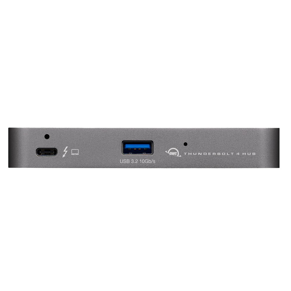 Ein grauer Hub mit USB- und Thunderbolt 4-Anschlüssen. Der Text "USB 3.2 10 Gbit/s" ist sichtbar.