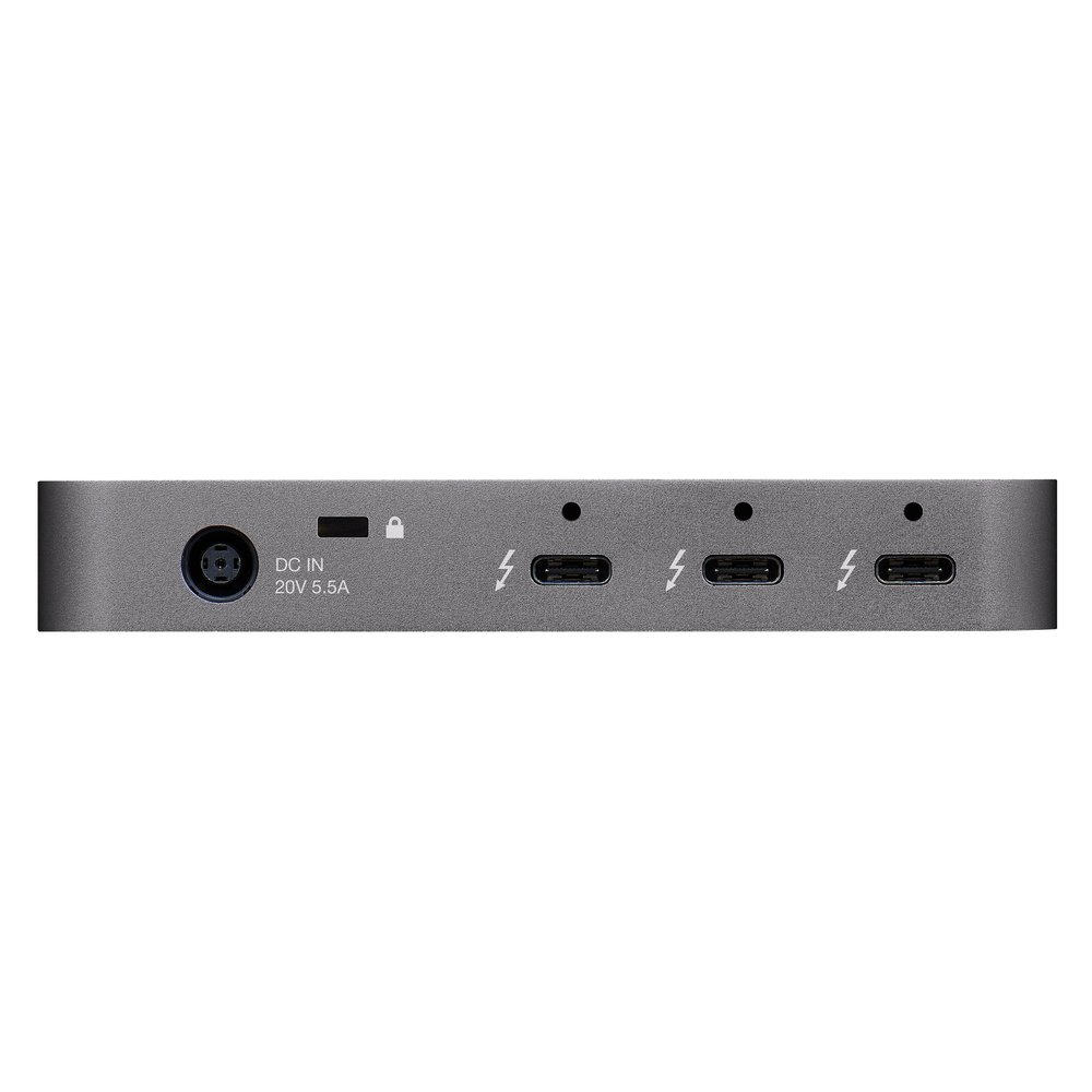 Graues rechteckiges Gerät mit Anschlüssen. DC IN, Thunderbolt-Anschlüsse und mehr sichtbar.