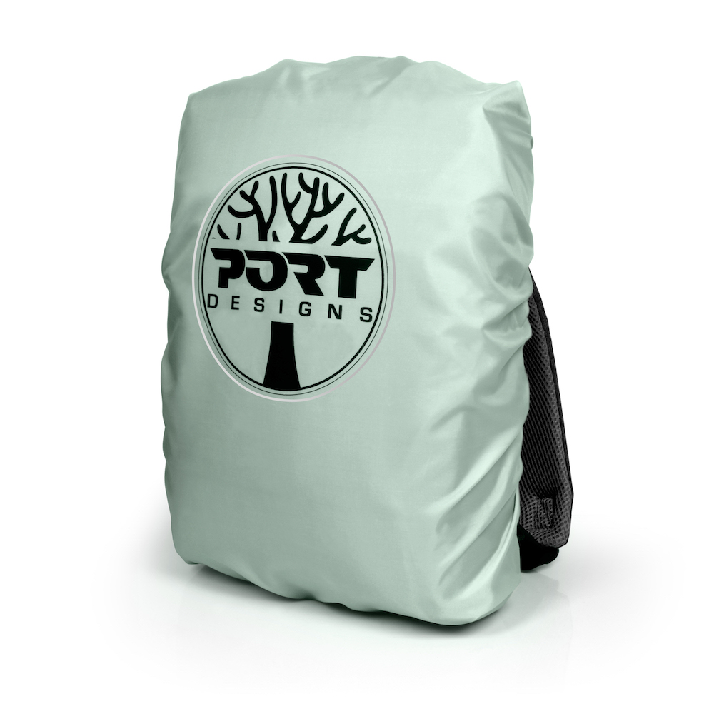 Copertura per zaino verde con logo. Sfondo bianco.