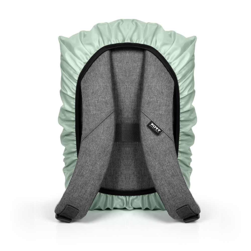 Zaino con copertina antipioggia verde menta. Il retro dello zaino è visibile.