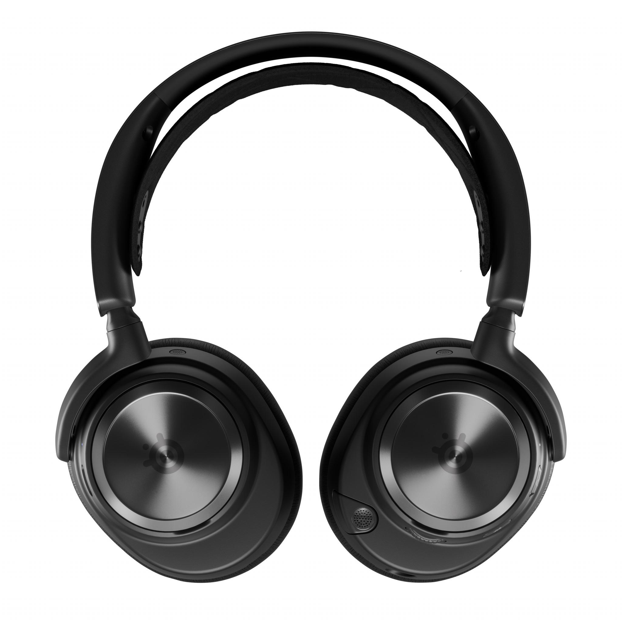 Zwarte SteelSeries-hoofdtelefoon op witte achtergrond. Oorschelpen en hoofdband duidelijk zichtbaar.