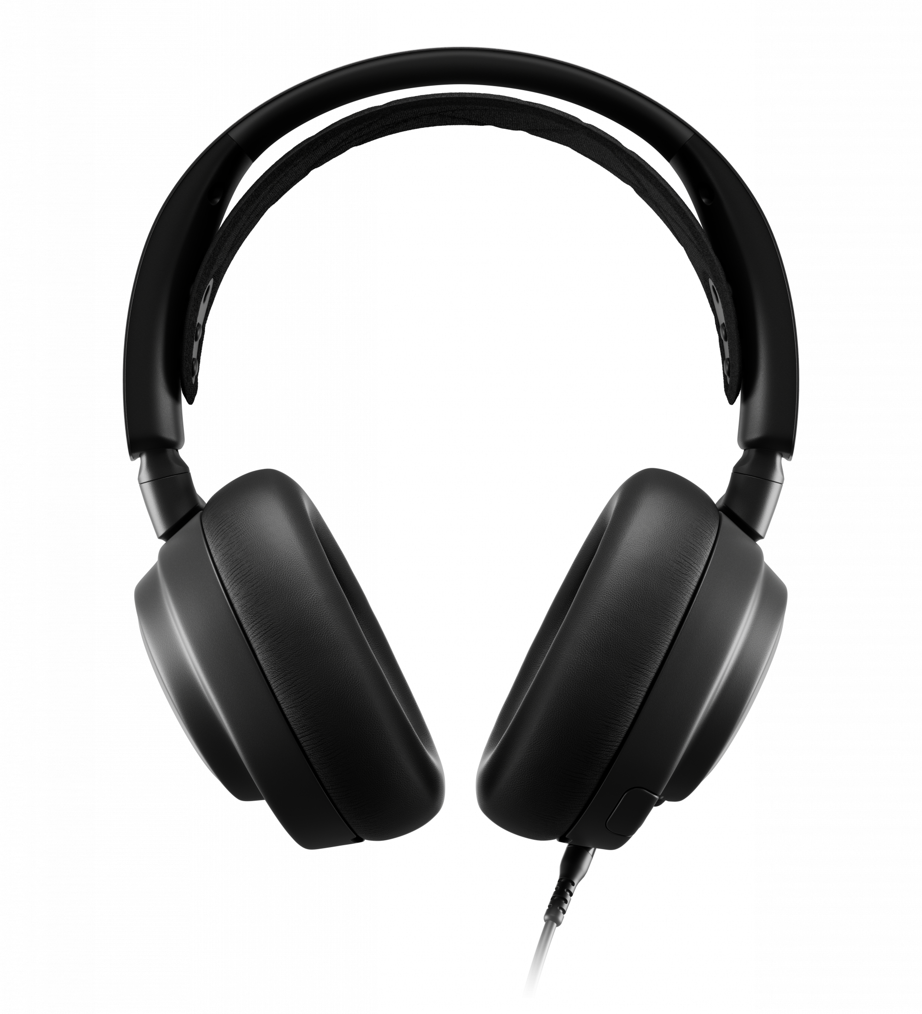 Czarne słuchawki nauszne z kablem. Słuchawki są na białym tle.