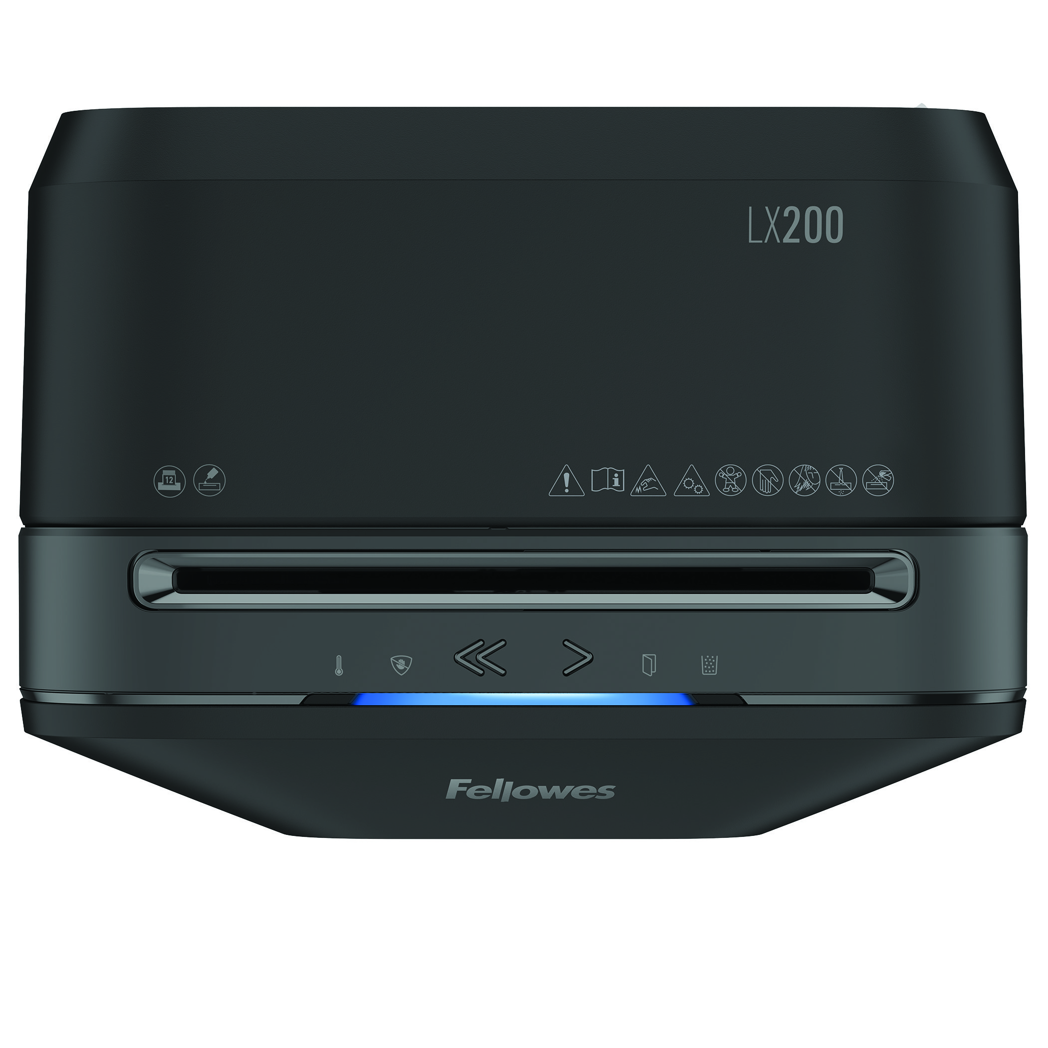 Czarna niszczarka do papieru Fellowes LX200. Góra otwarta, widać mechanizm.