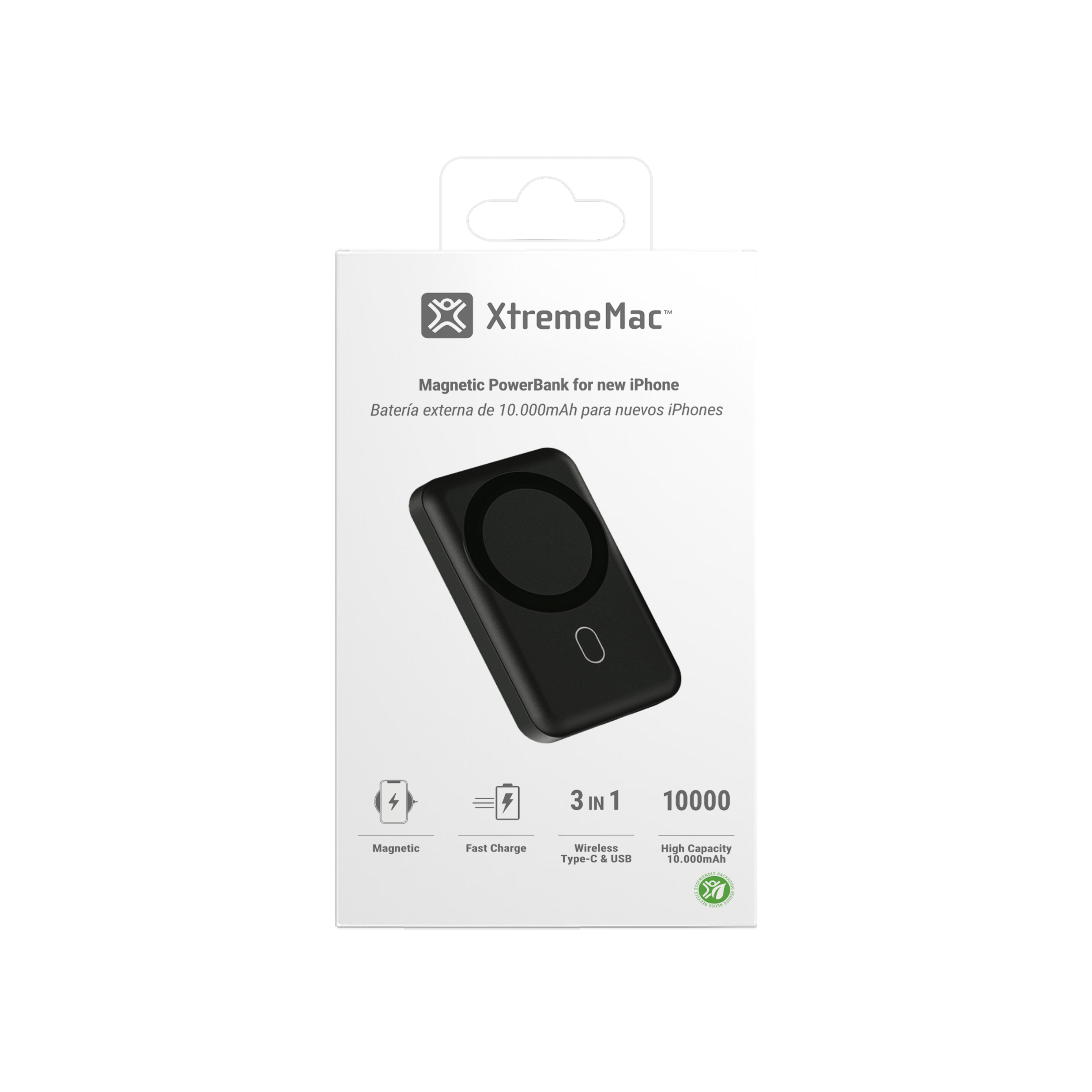 Een zwarte powerbank voor iPhone in een wit-zwarte doos met branding en functies.