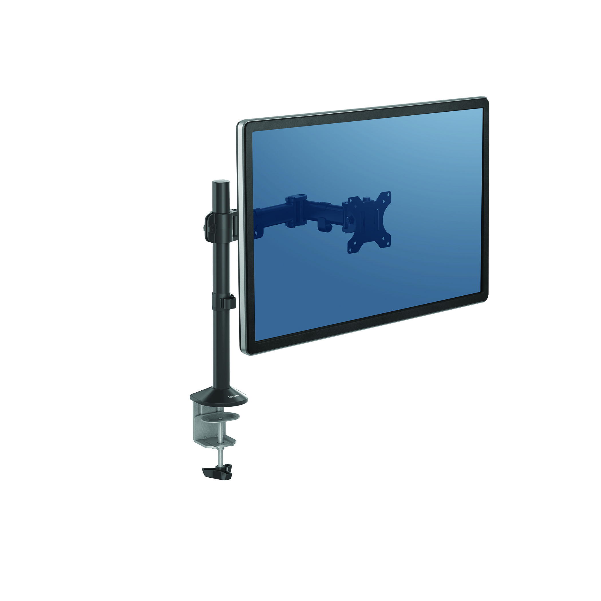 Monitor zamontowany na czarnym ramieniu z podstawą zaciskową, na białym tle.