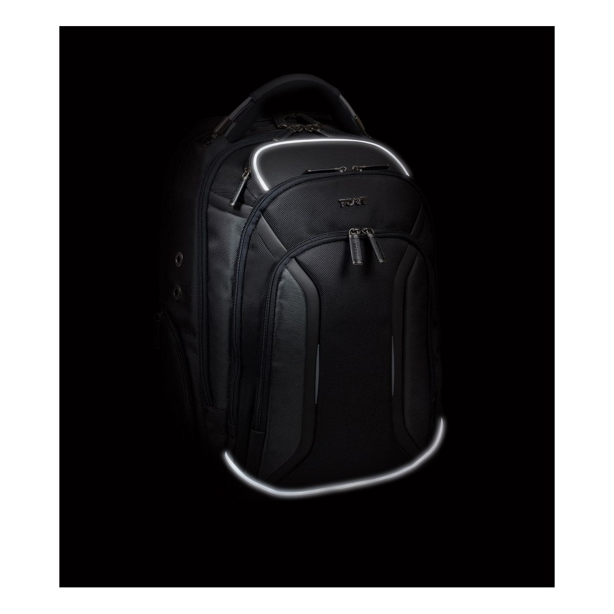 Black backpack with reflective strips. Dark background, illuminated by the bag's reflectors.