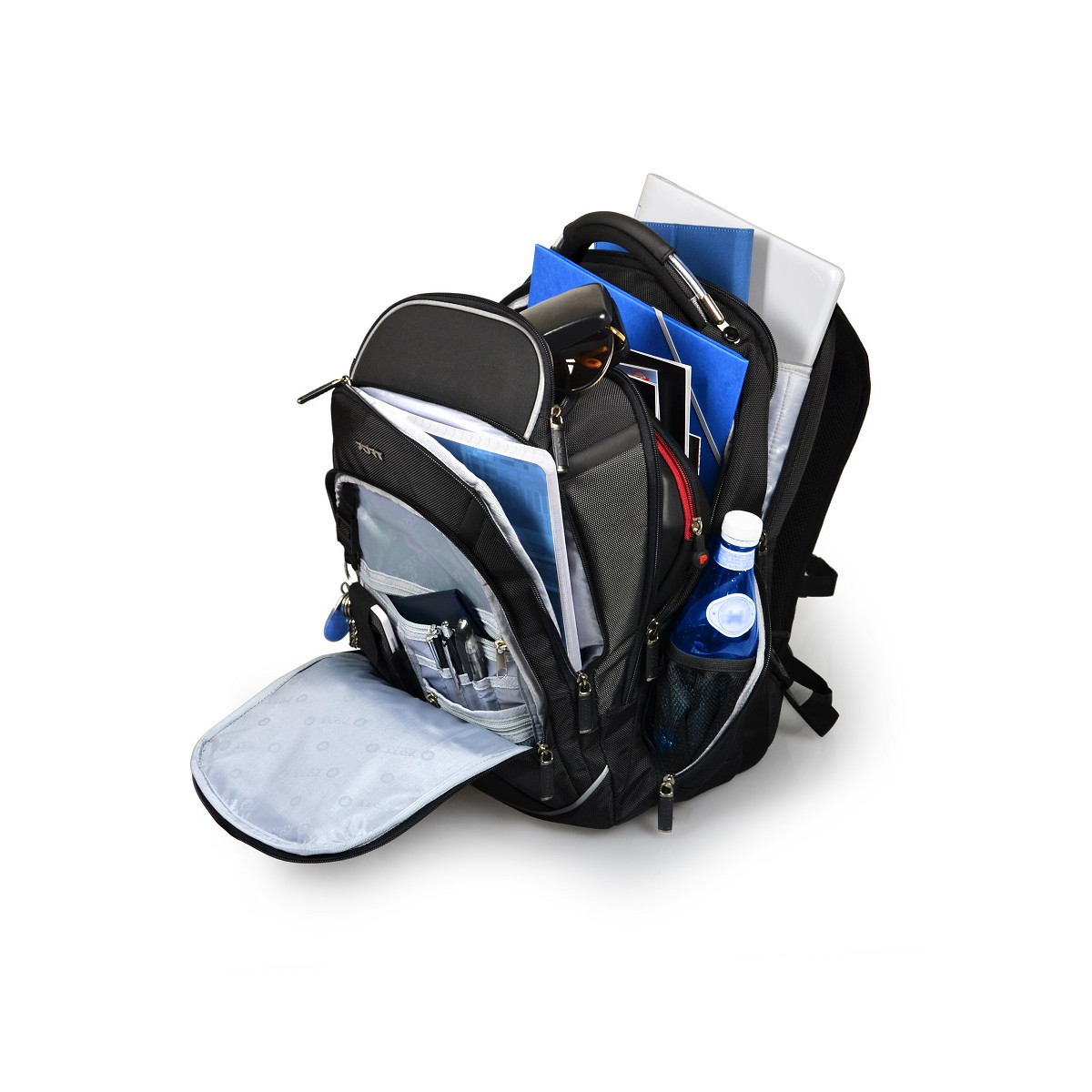 Black backpack open, filled with papers, a laptop, water bottle, and pens.