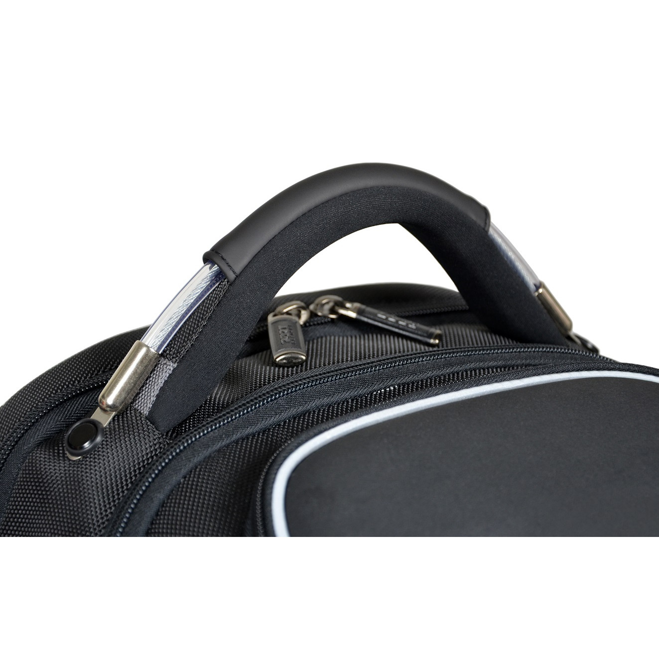 Black backpack handle with a silver cable and key and lock. The bag is black.