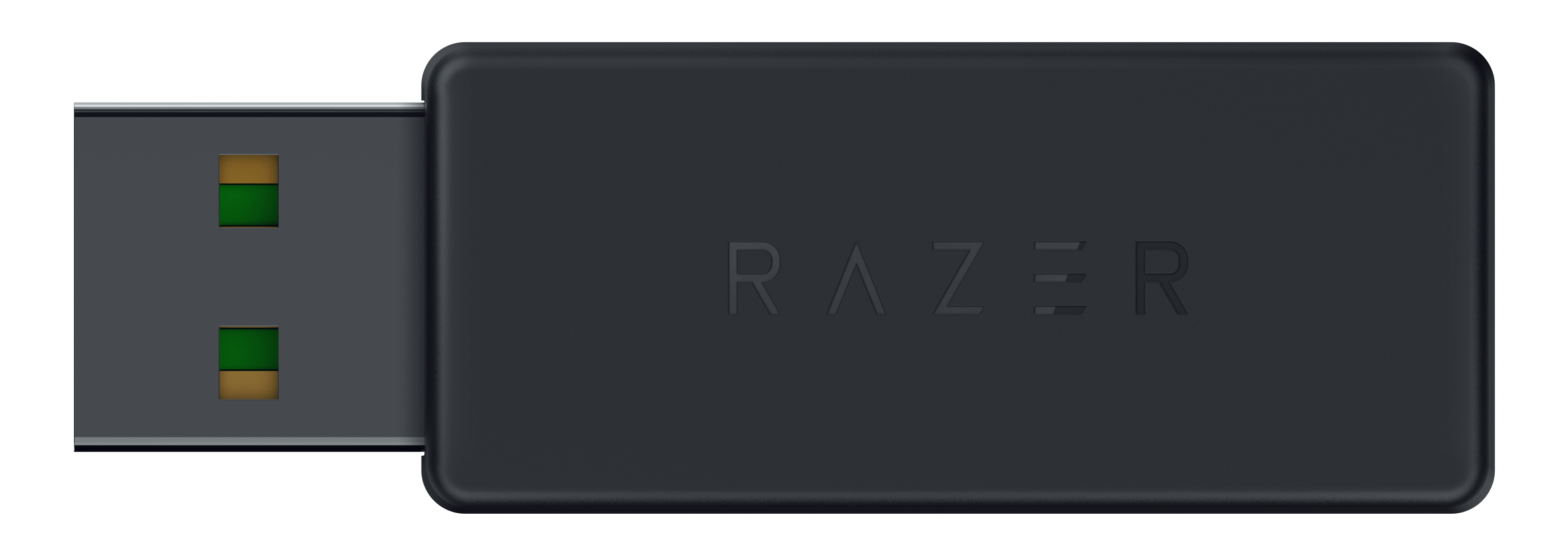 A black Razer USB dongle, with the Razer logo on it.