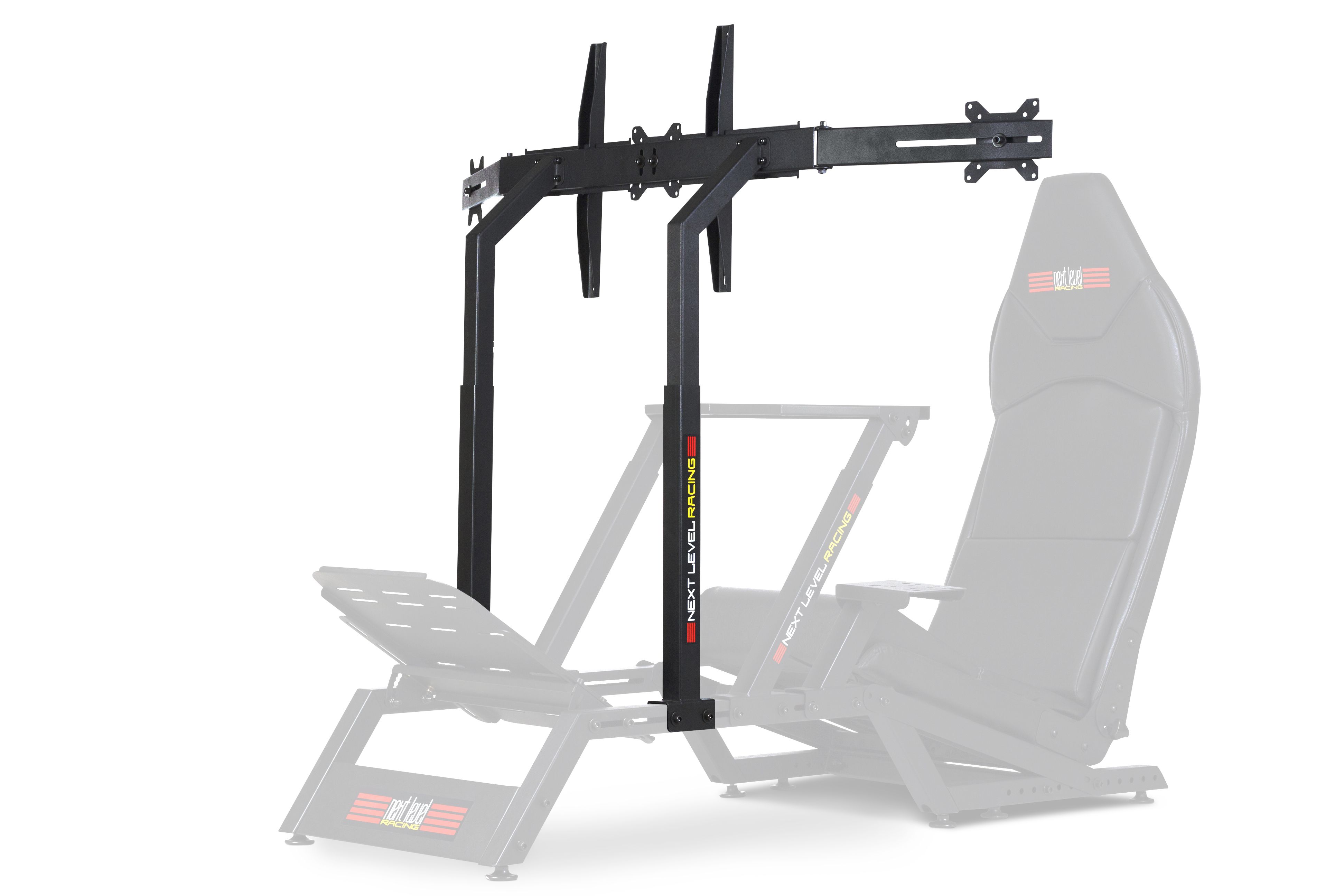 Configuración de simulador de carreras negro con asiento, soporte de monitor y marca Next Level Racing.