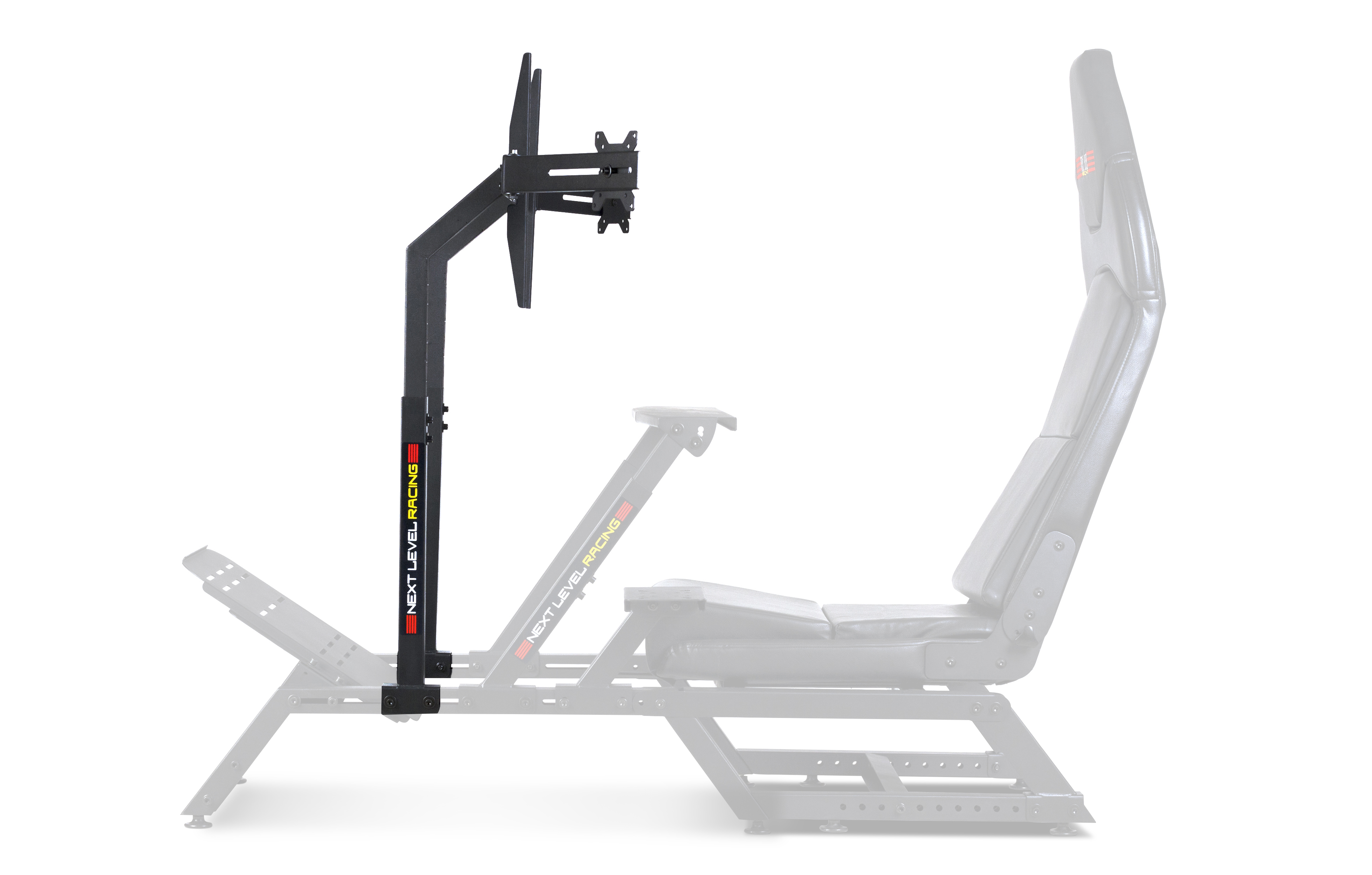 Configuración de silla gaming con soporte de monitor. Colores negro, rojo y blanco.