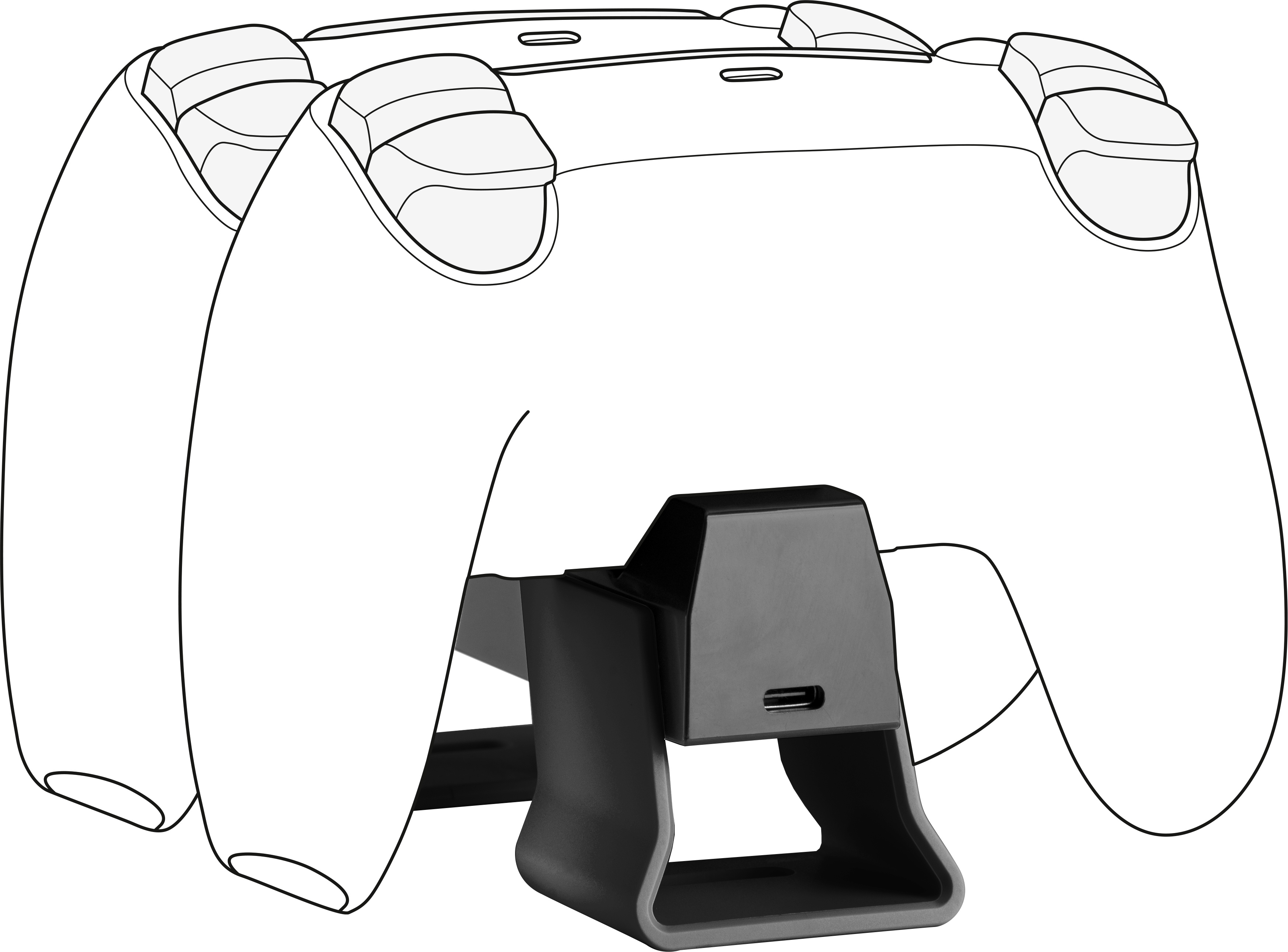 Supporto di ricarica per controller di gioco nero, sfondo bianco.