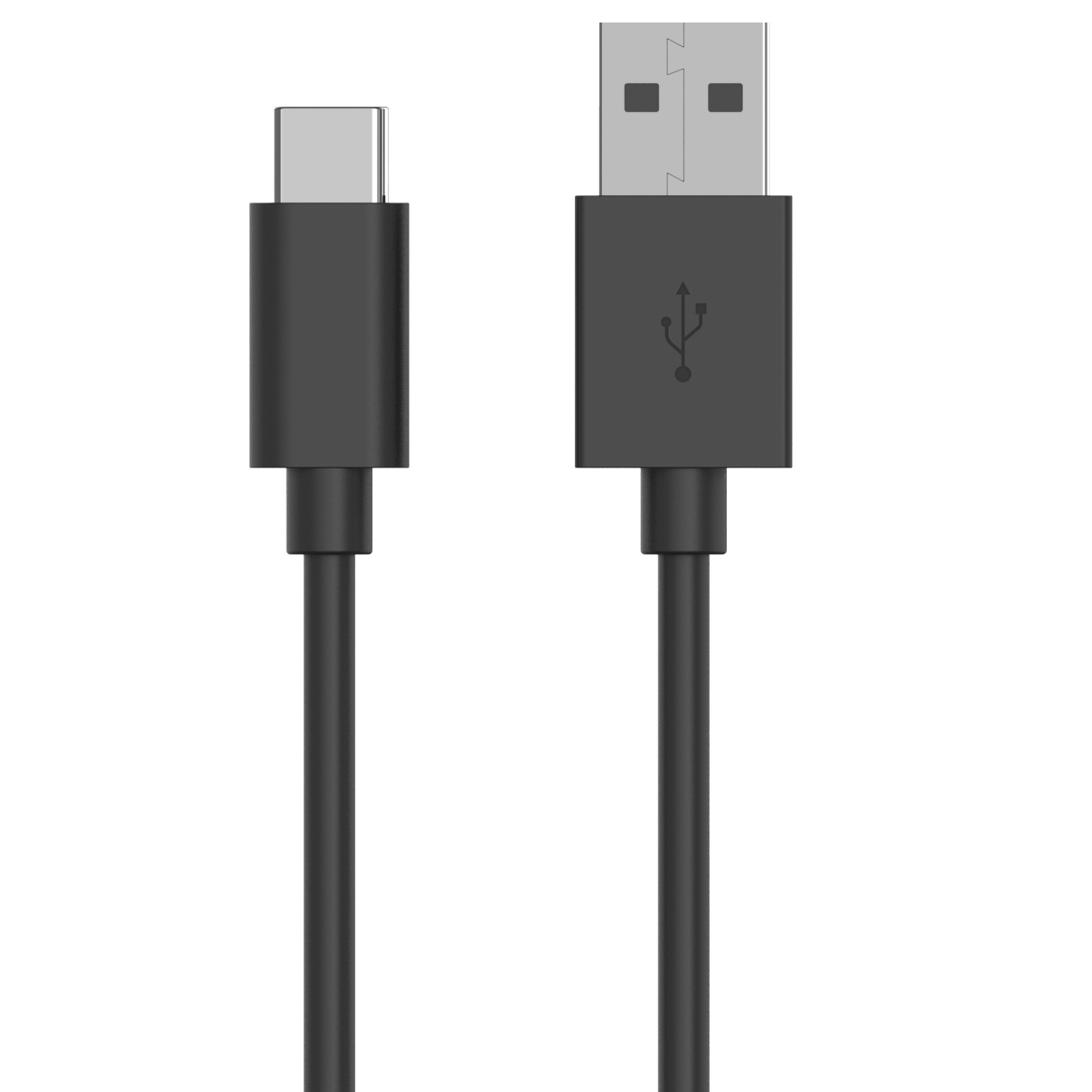 Cavi USB-C e USB-A neri, affiancati, su sfondo bianco.