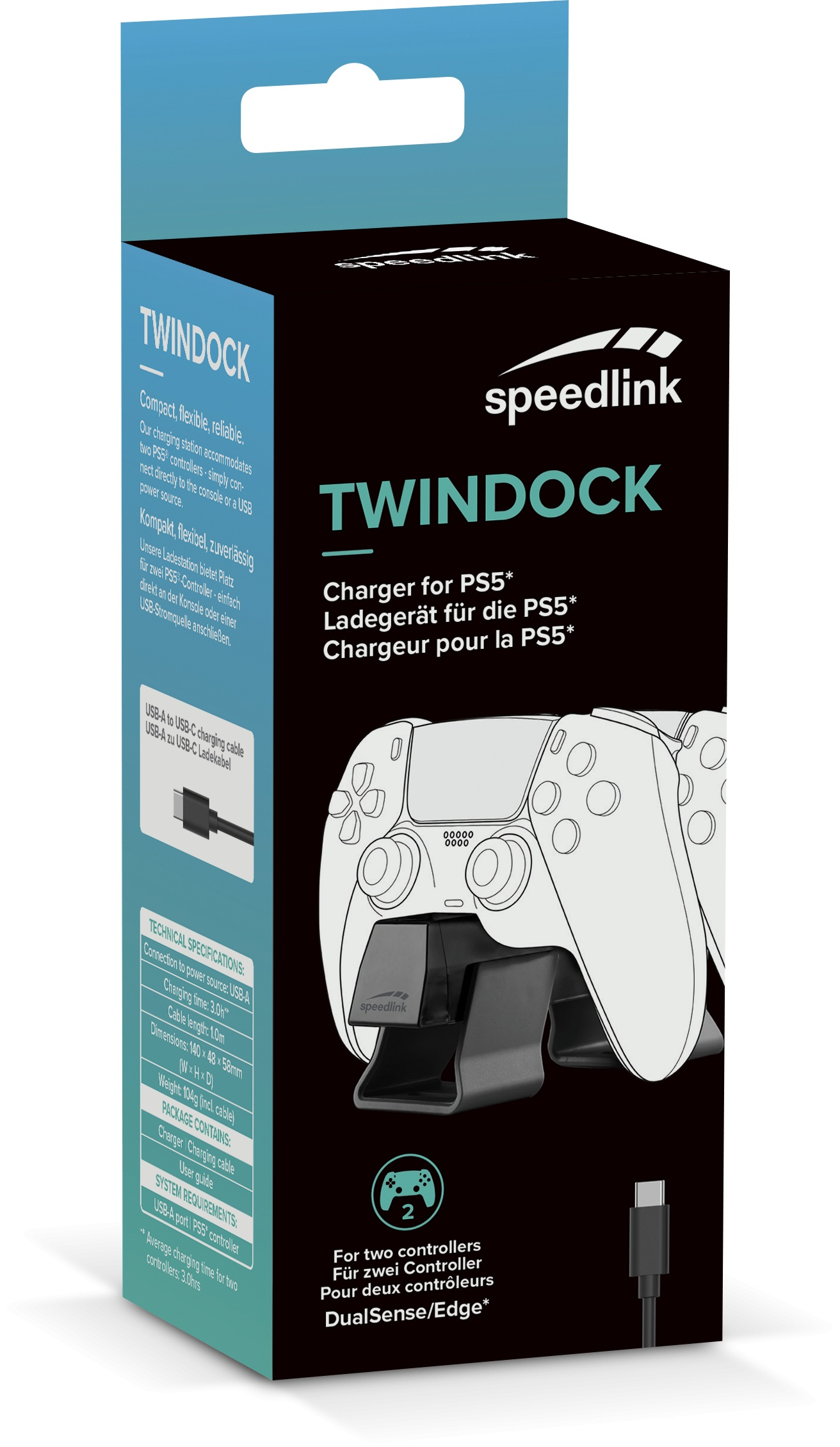 Una scatola con un caricabatterie per controller PS5. Ha una base nera e un'immagine bianca del controller.