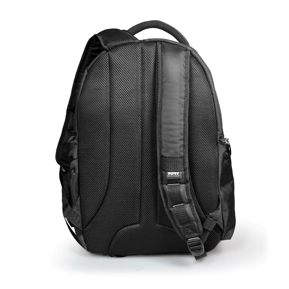 Black backpack with a mesh back panel, straps, and a white tag.