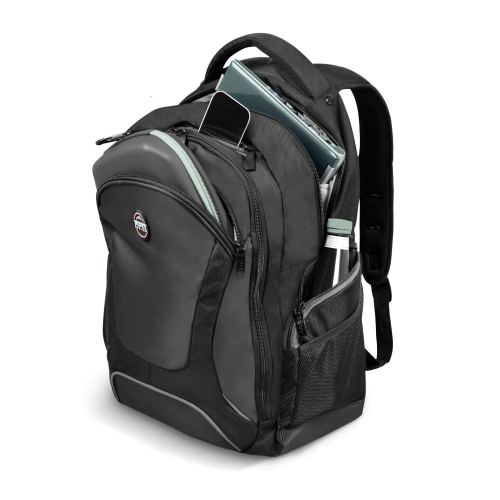 A black backpack with items inside. A laptop, phone and water bottle are visible. The background is white.