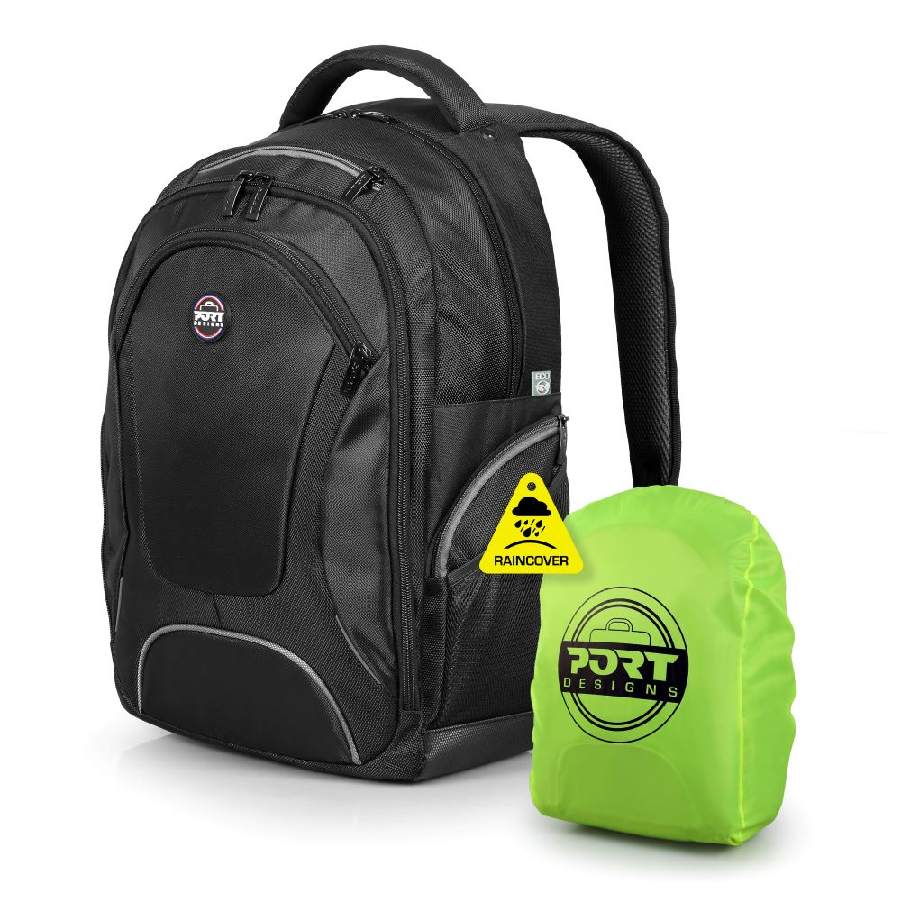 Black backpack with rain cover. Backpack has Port Designs logo. Yellow rain cover.
