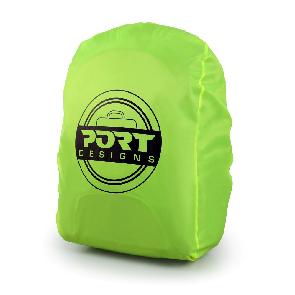 A bright green backpack cover with the 'PORT DESIGNS' logo, on a white background.