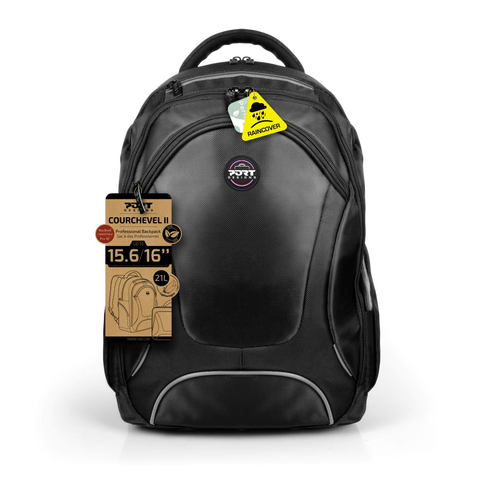 Black backpack with tags. It has the word 'Raincover' on one tag.