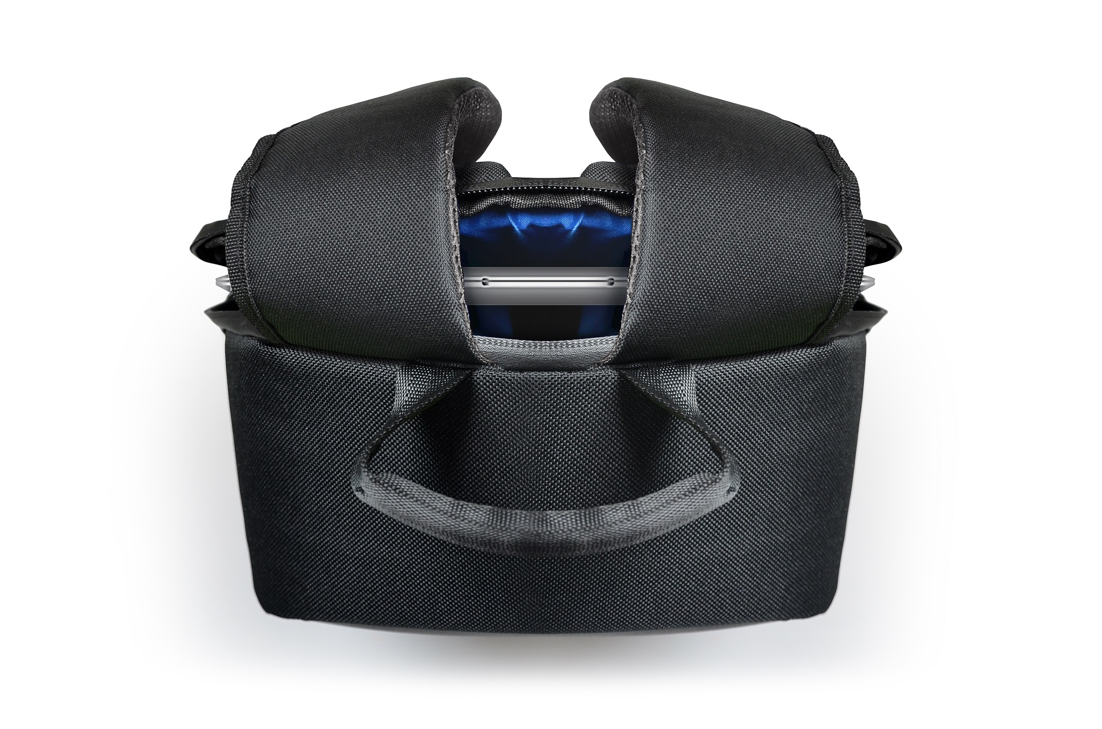 Borsa per fotocamera nera, aperta. L'interno mostra un laptop. Maniglia superiore visibile.