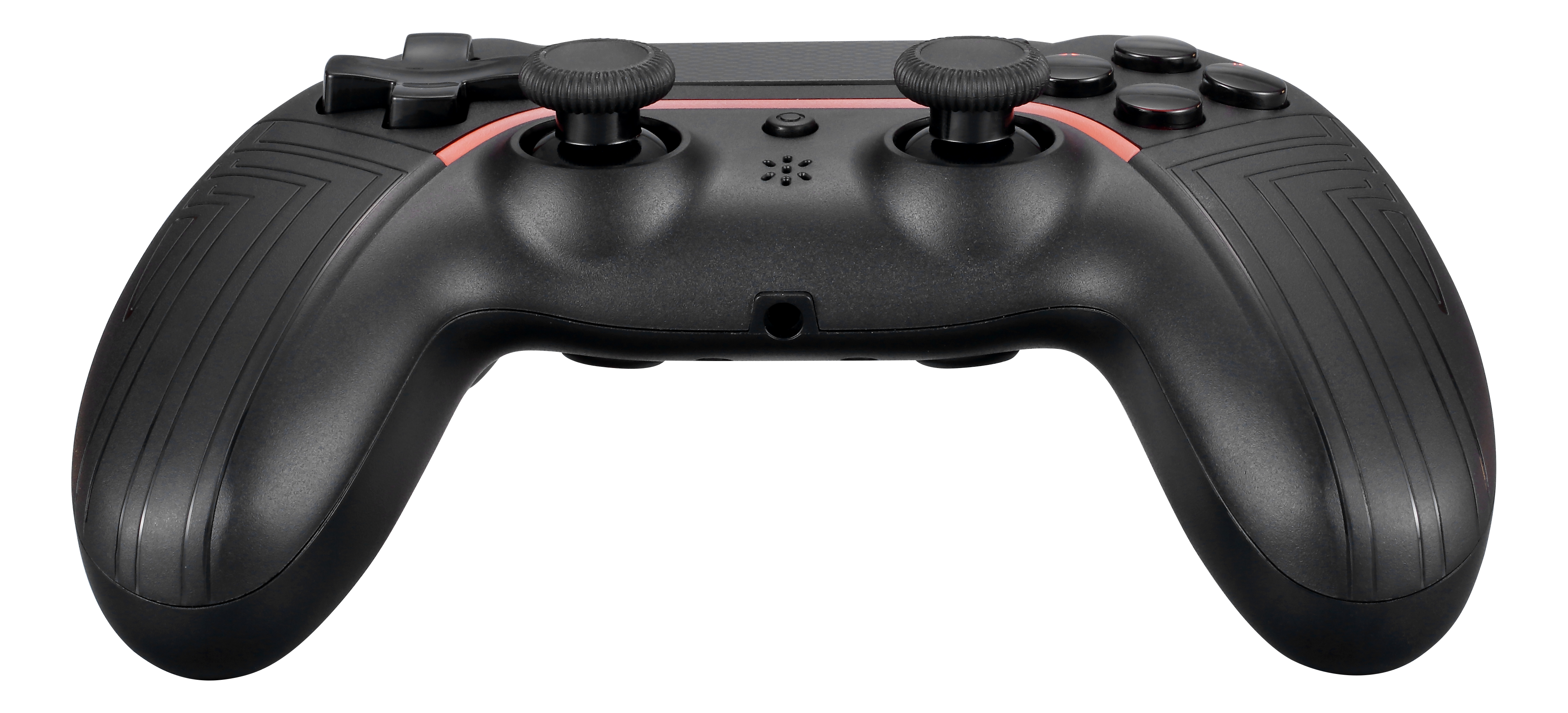 Schwarzer Gamecontroller mit roten Akzenten. Es hat zwei Joysticks und mehrere Tasten.
