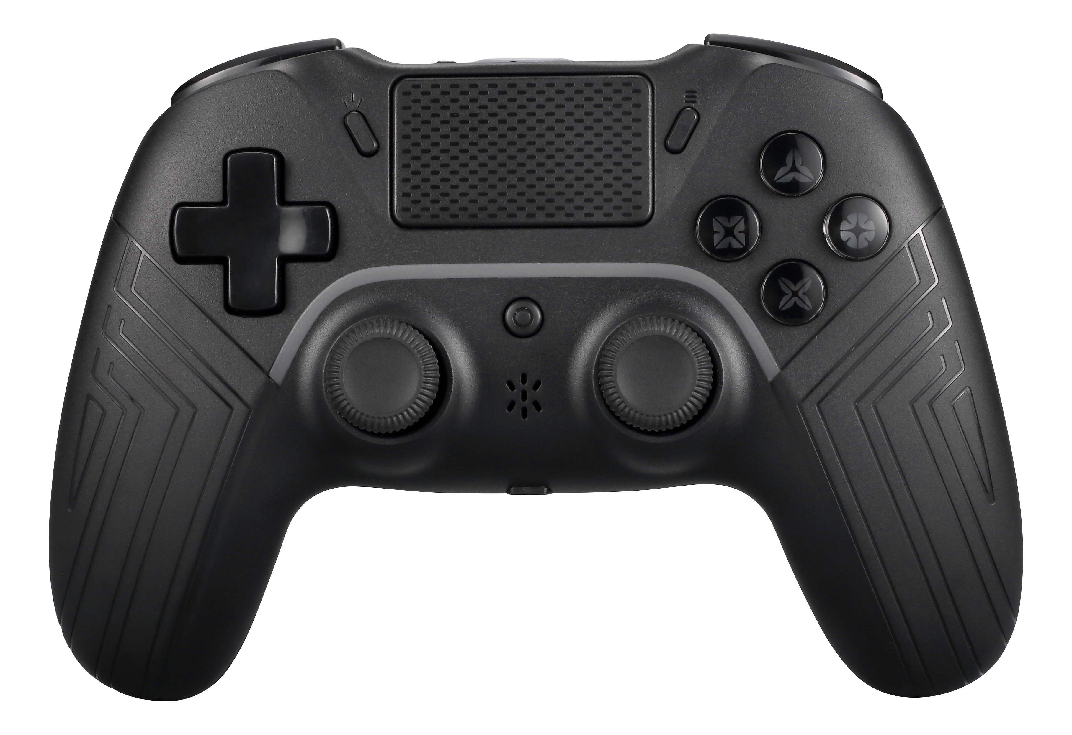 Schwarzer Gamecontroller mit Knöpfen, Joysticks und einem strukturierten Design an den Griffen.