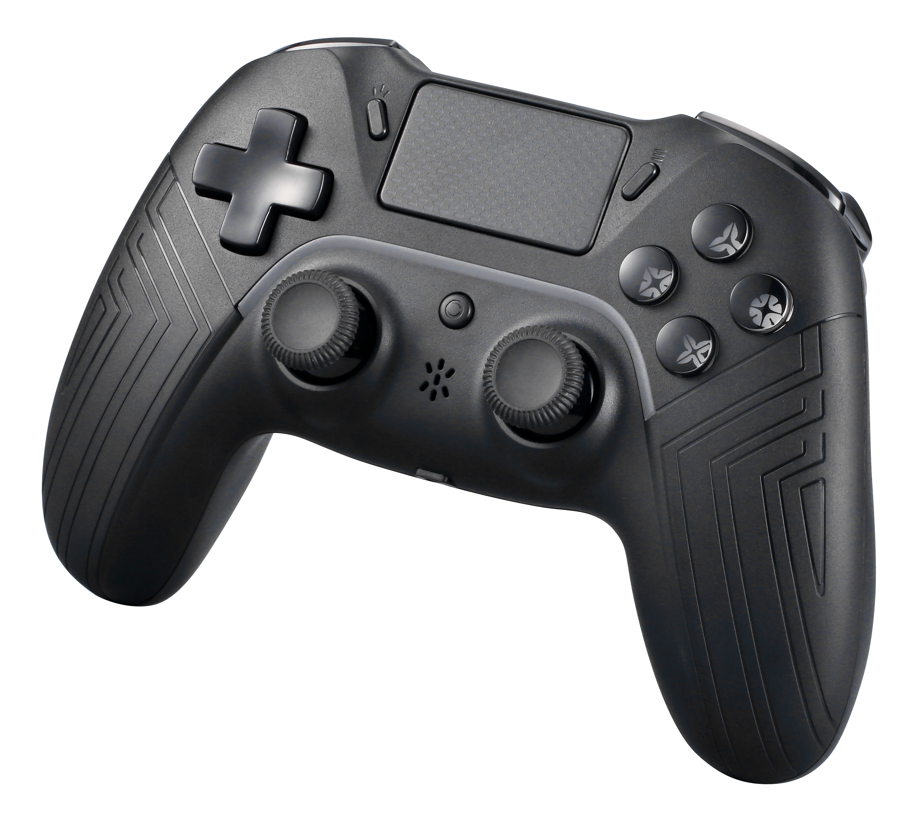 Schwarzer Gamecontroller mit Knöpfen und Analogsticks.
