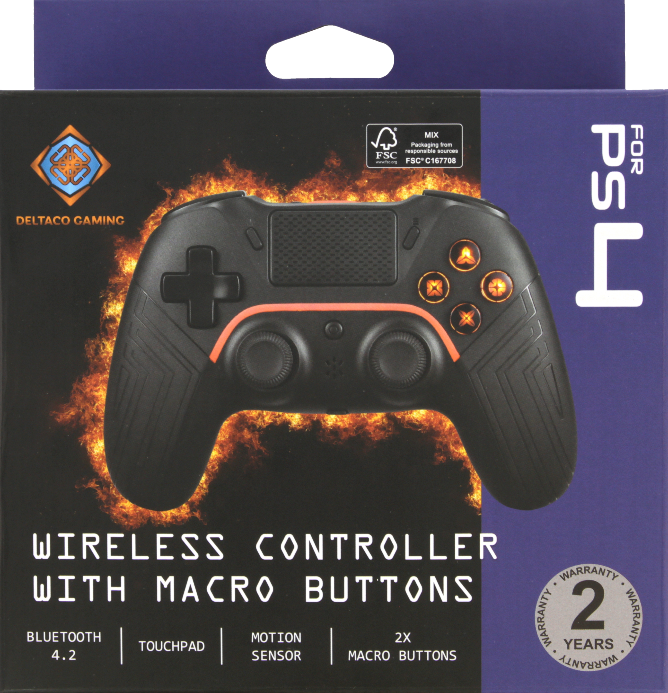 Schwarzer PS4-Wireless-Controller im Karton. Funktionen umfassen Makrotasten und Touchpad.