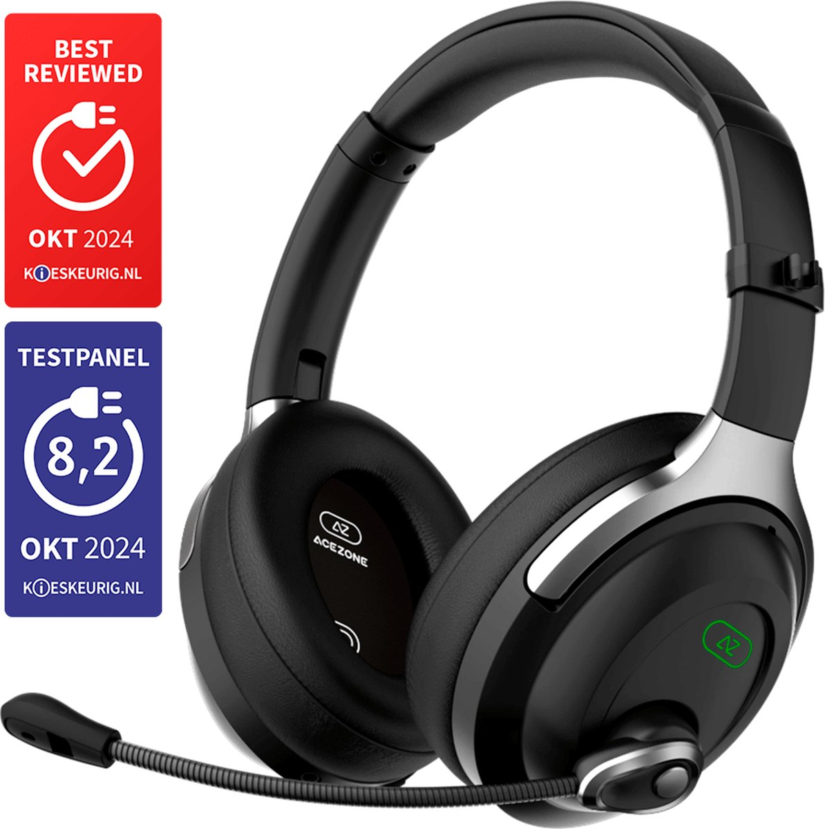 Czarne słuchawki Acezone z mikrofonem. Widoczne odznaki Test Panel i Best Reviewed.