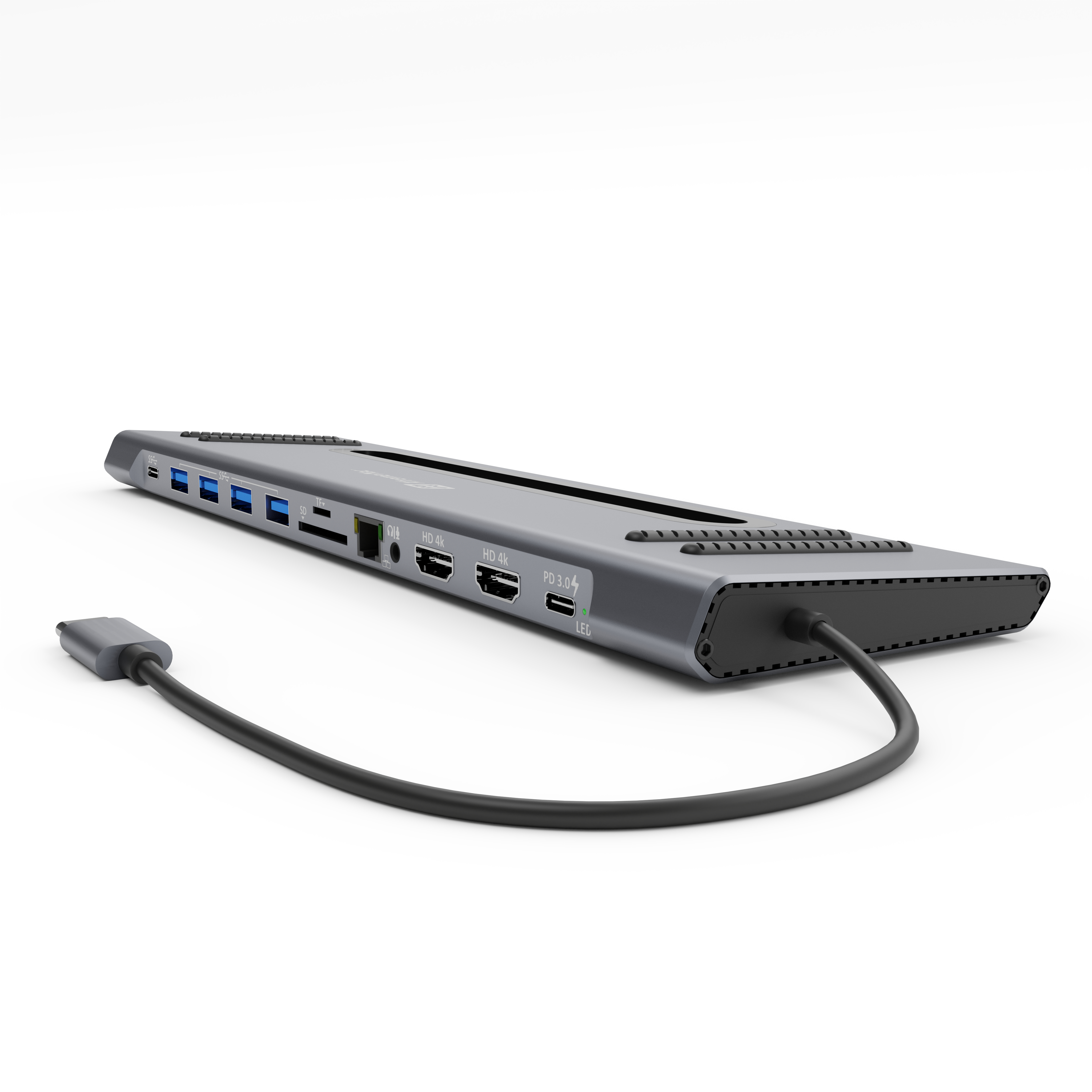 Gray USB-C hub with multiple ports and a black cable extending to the left.