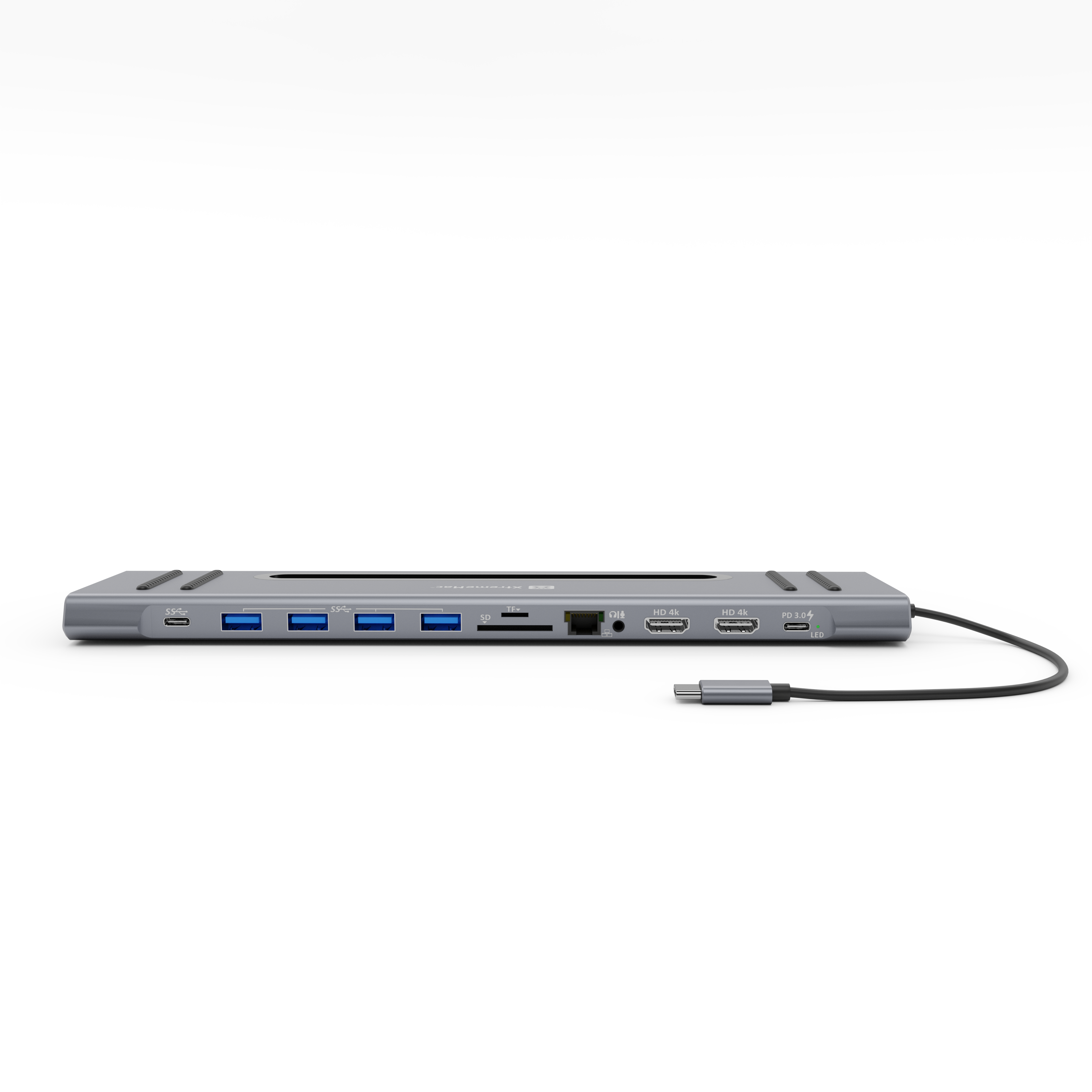 A gray USB hub with multiple ports and a USB-C cable extending to the right.