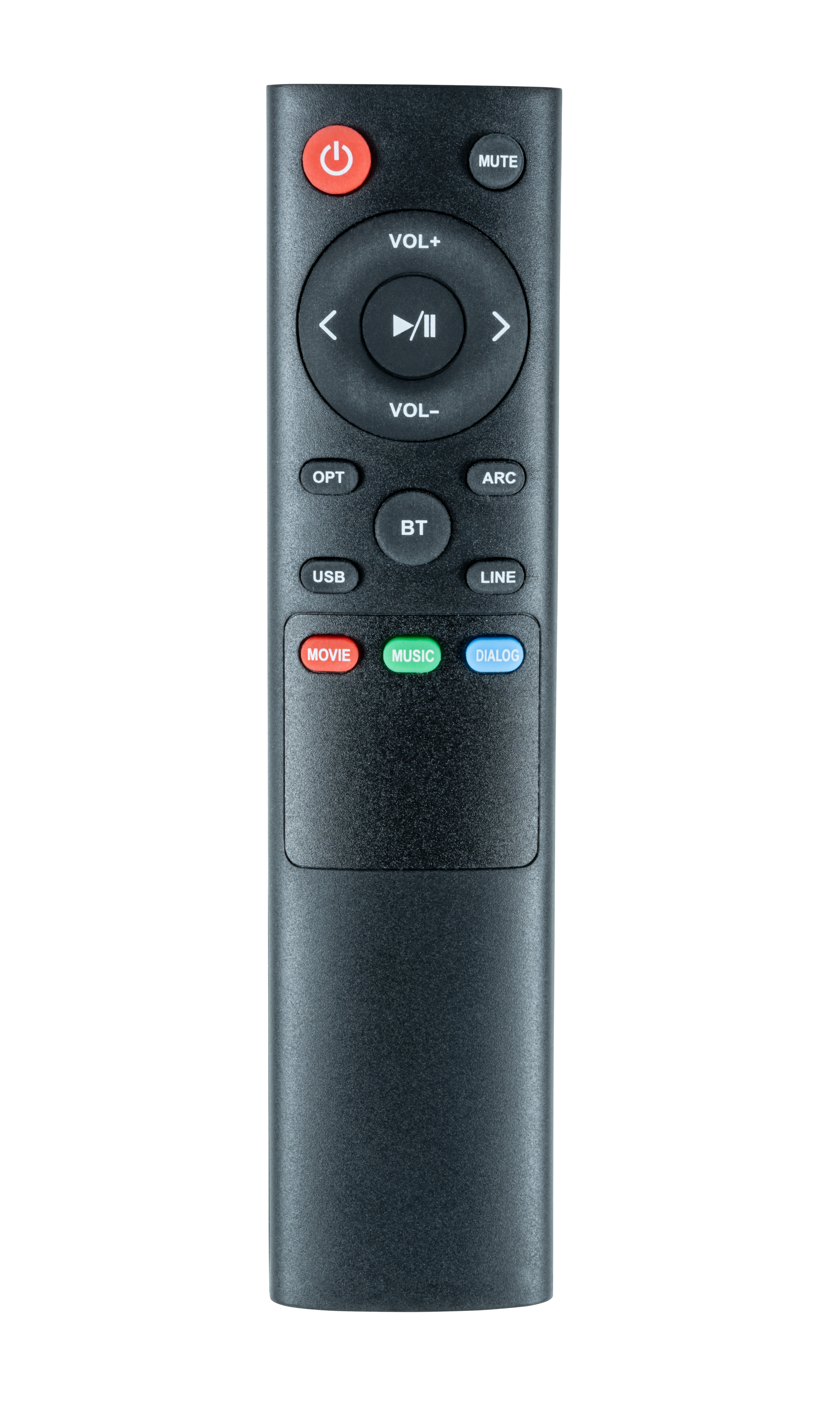 Czarny pilot z różnymi przyciskami. Czerwony przycisk zasilania, zielone, niebieskie i czerwone przyciski.