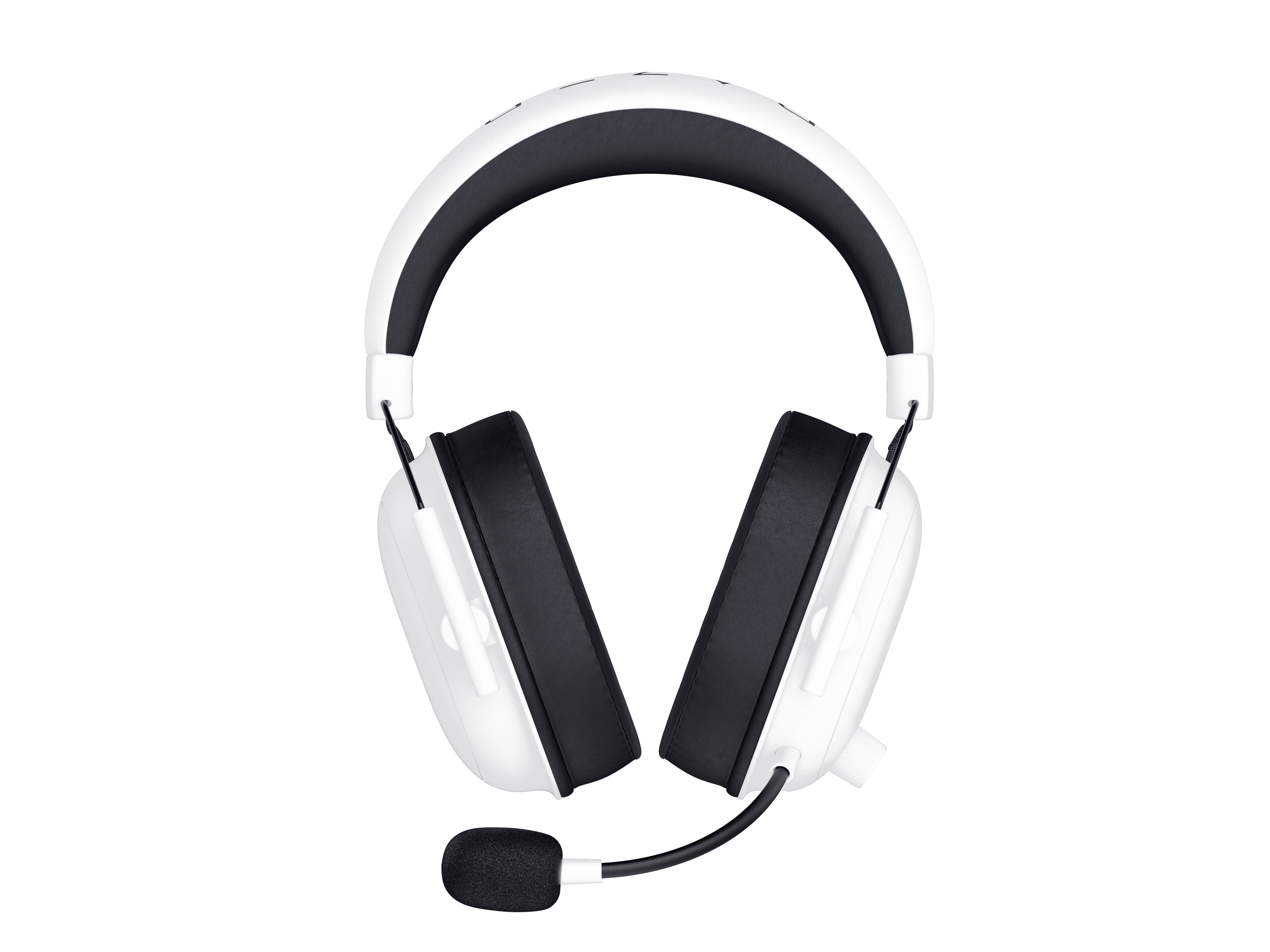 Białe słuchawki do gier z czarnymi nausznikami i mikrofonem. Mikrofon jest ostry.