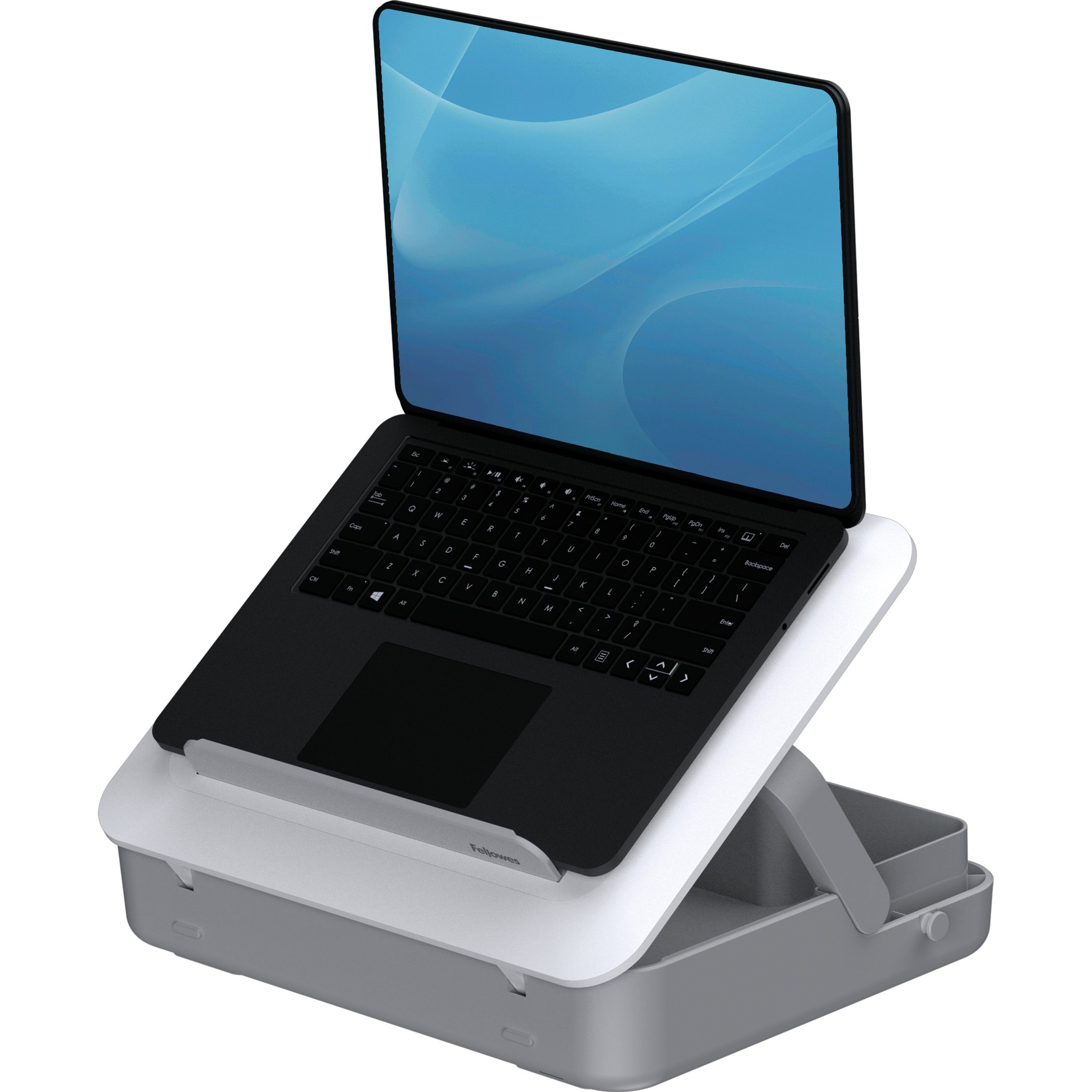 Laptop nero su supporto grigio e bianco. Il laptop è aperto con schermo blu.