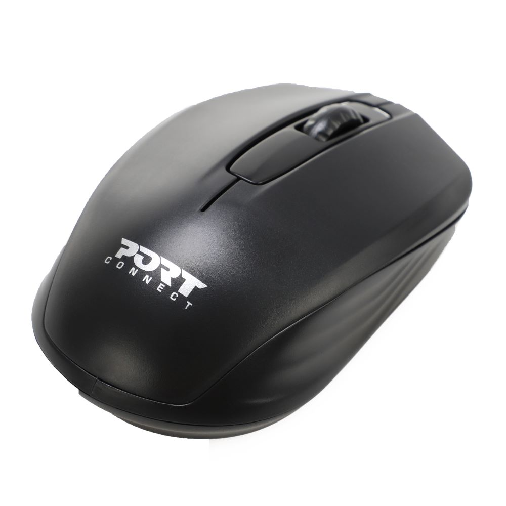 Un mouse per computer nero con una rotella, sfondo bianco.