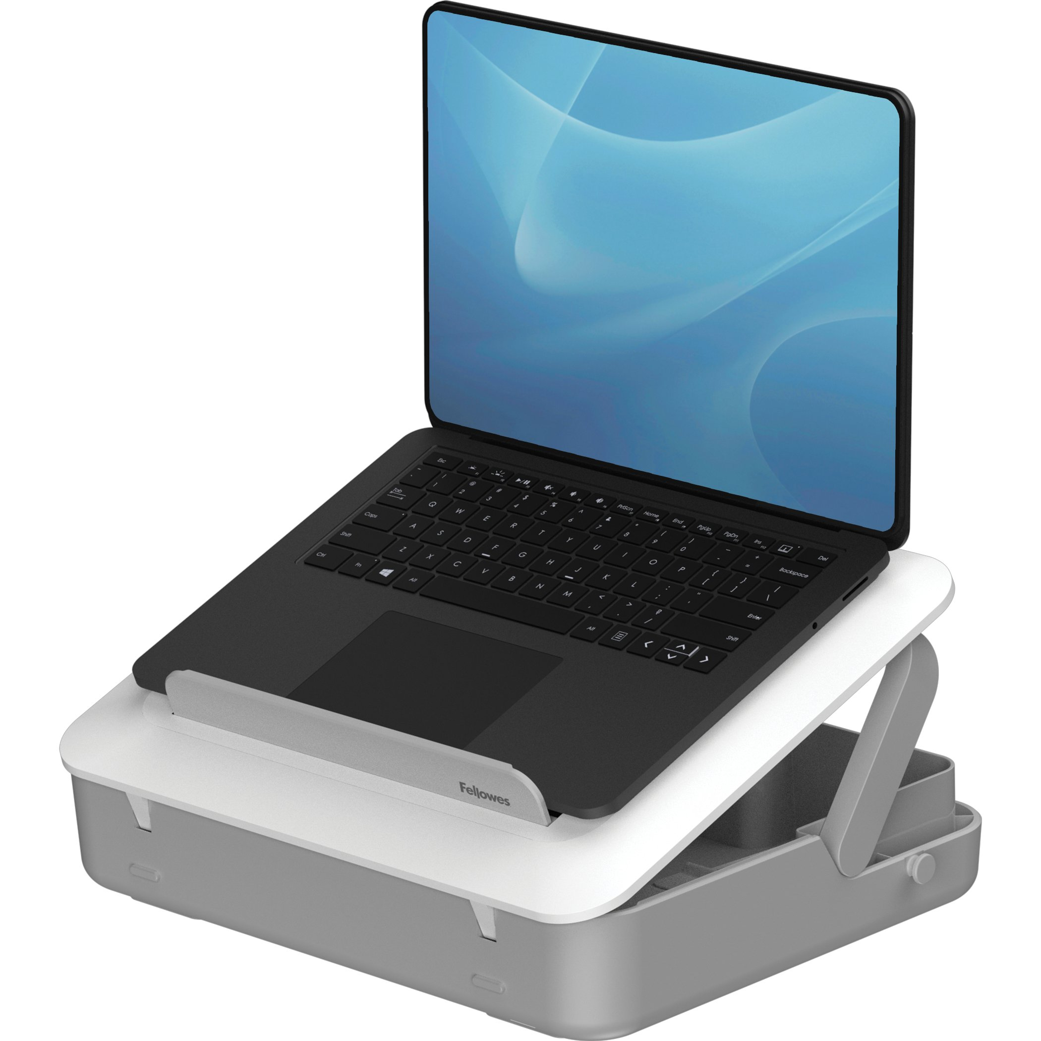 Un laptop su un supporto regolabile con una combinazione di colori bianco e grigio.